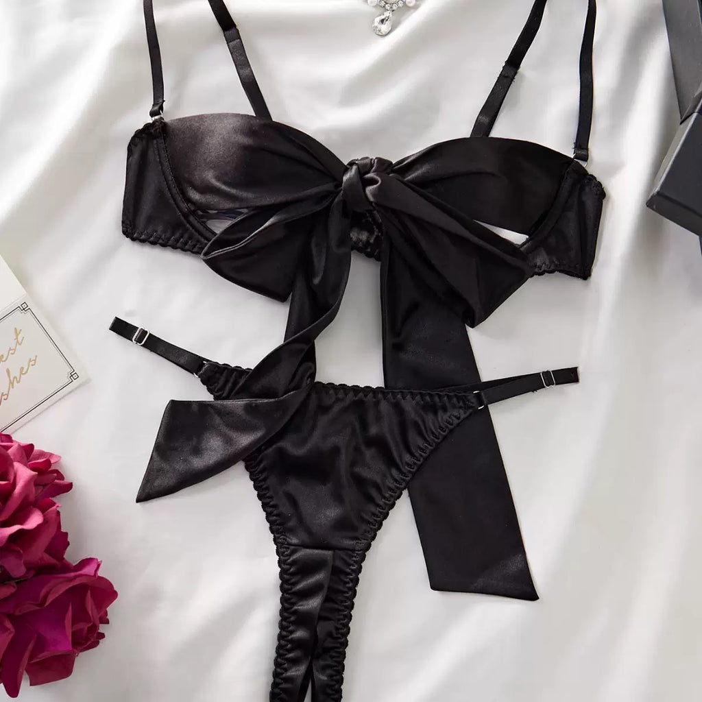 black bow lingerie set flat lay front view detail variation