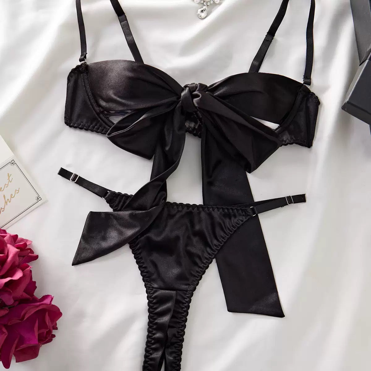 black bow lingerie set flat lay front view detail variation
