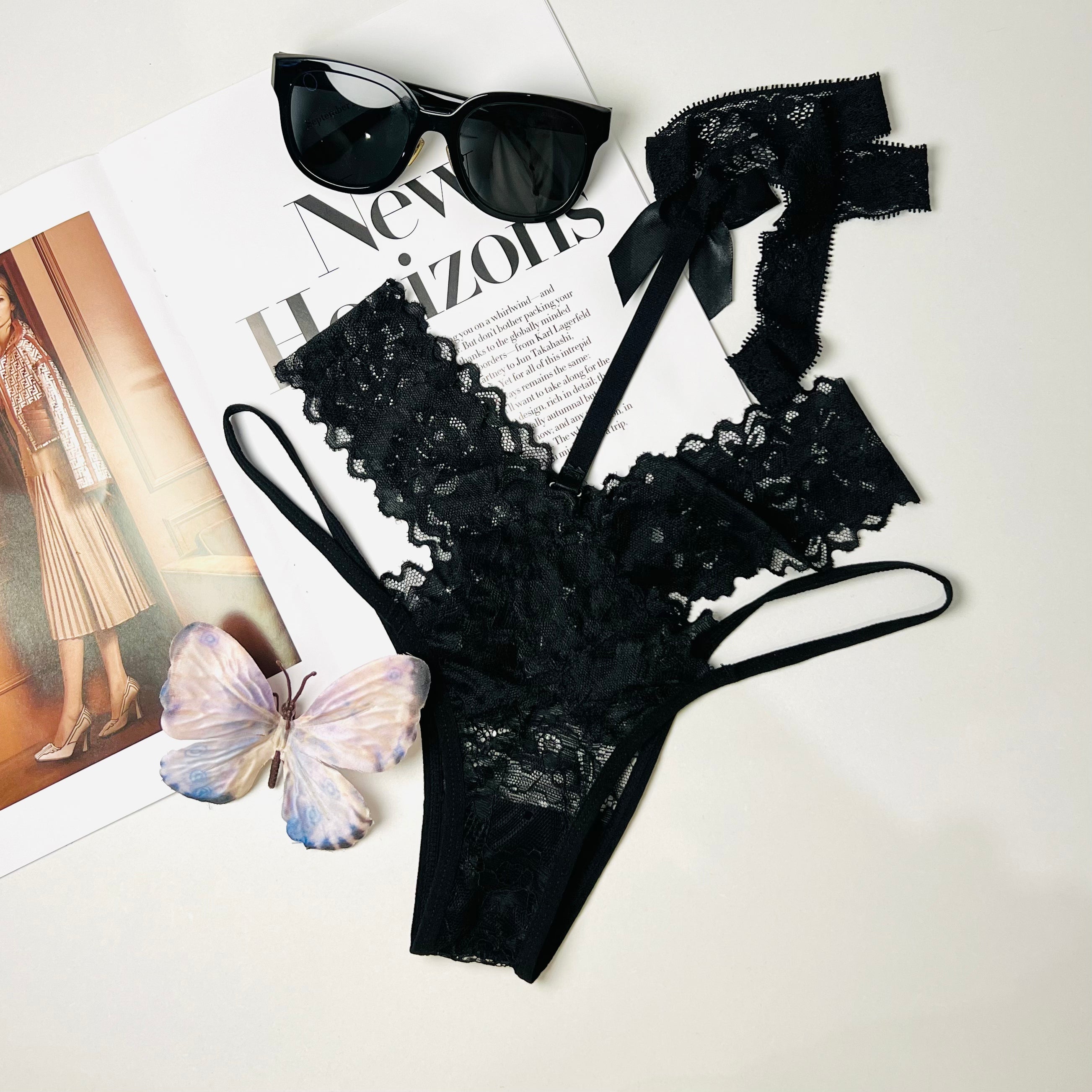 black lace halter thong lingerie flat lay back view underwear