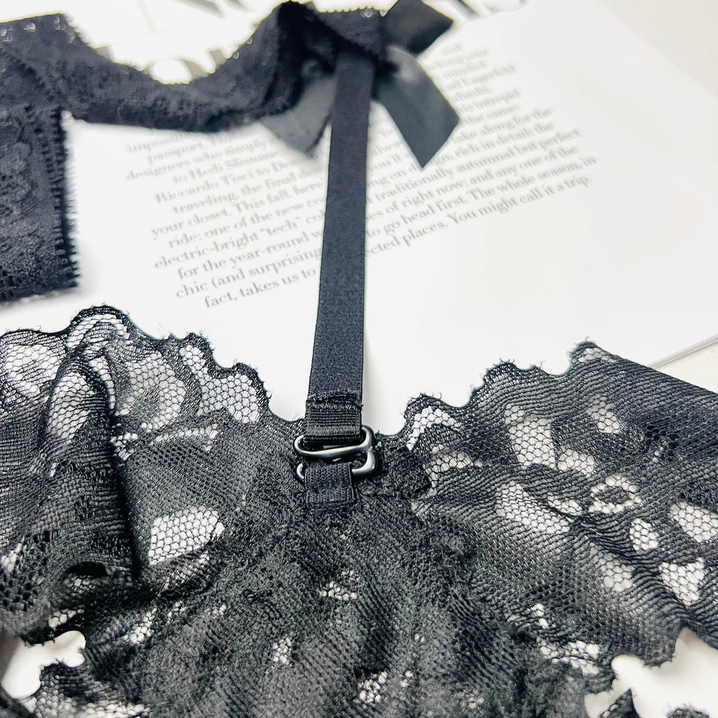 black lace halter thong lingerie clasp closure detail close up design