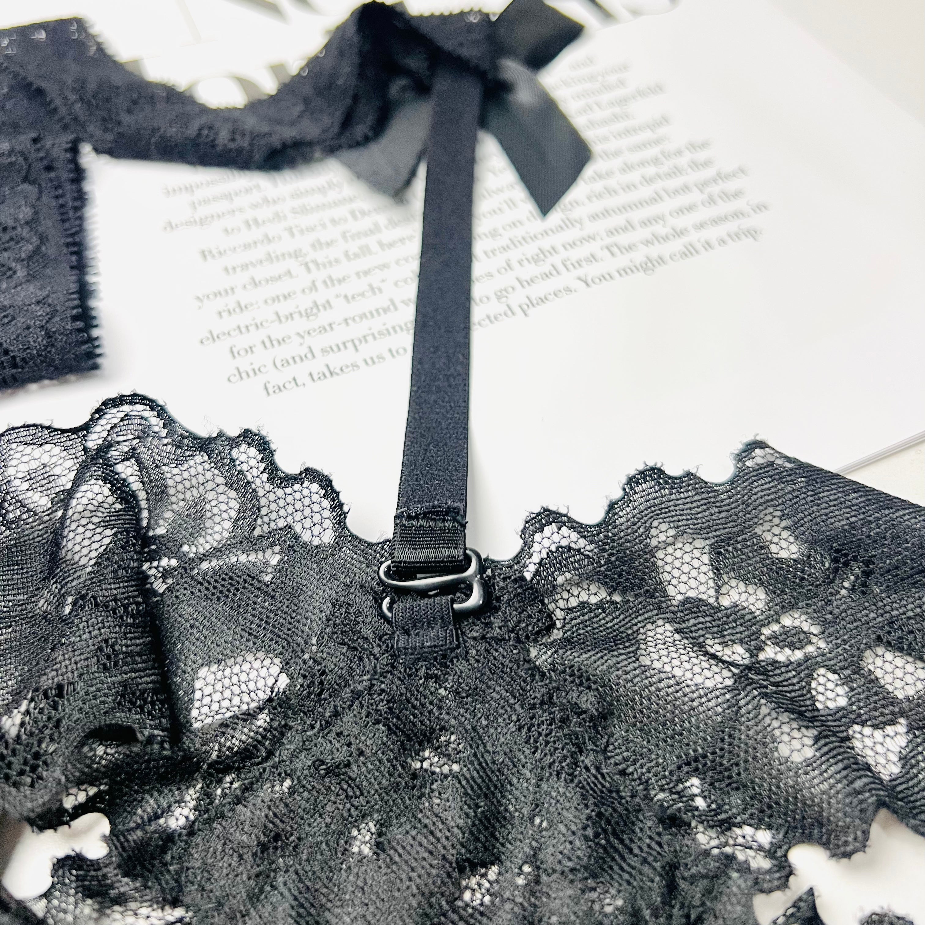 black lace halter thong lingerie clasp closure detail close up design