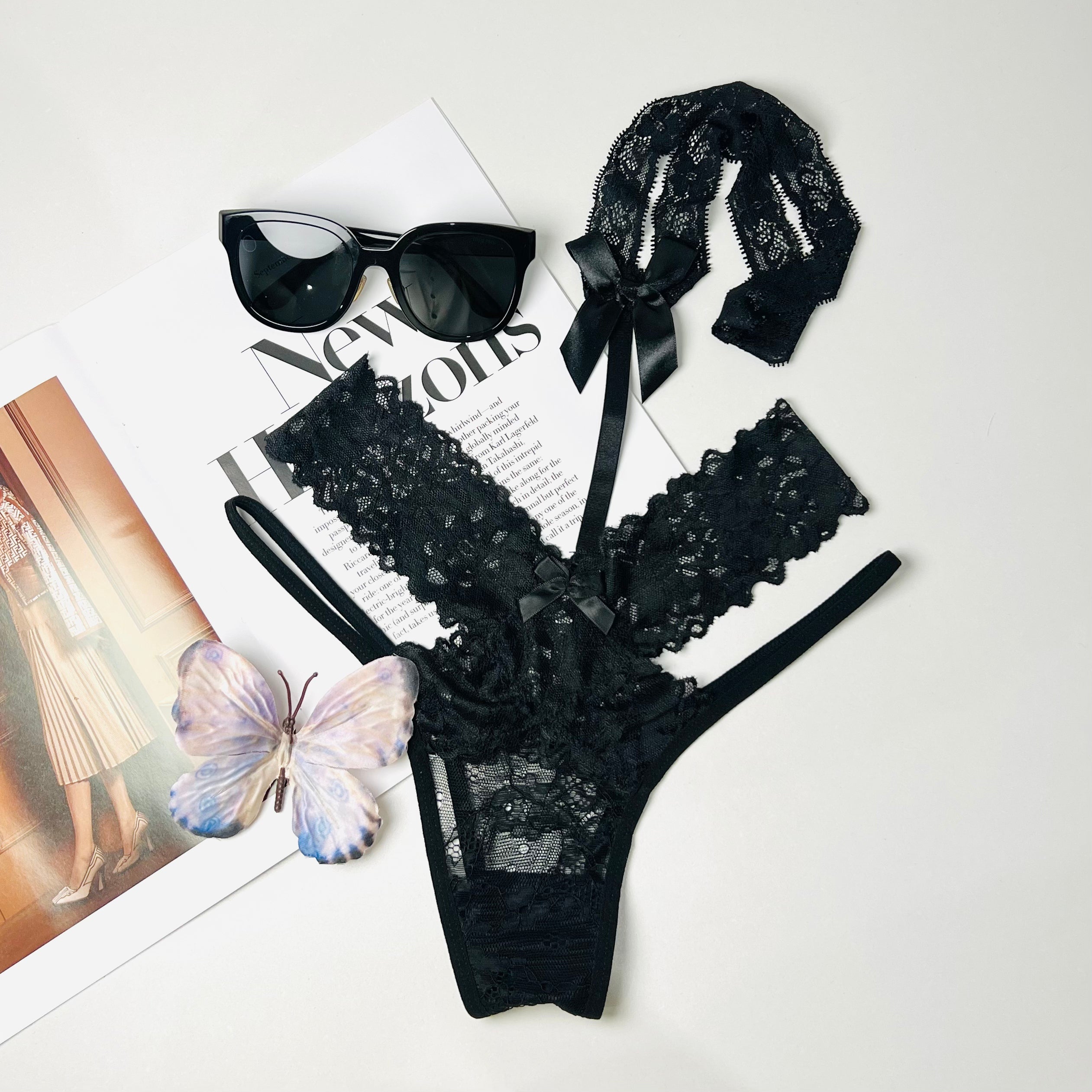 black lace halter thong lingerie flat lay front view underwear
