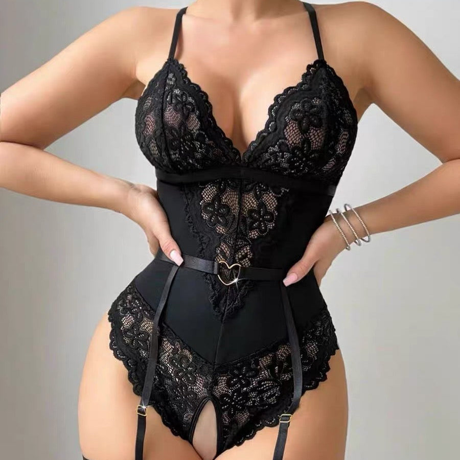 Sexy Lace Lingerie Shaping Bodysuit – V Neck Backless Open Crotch One Piece