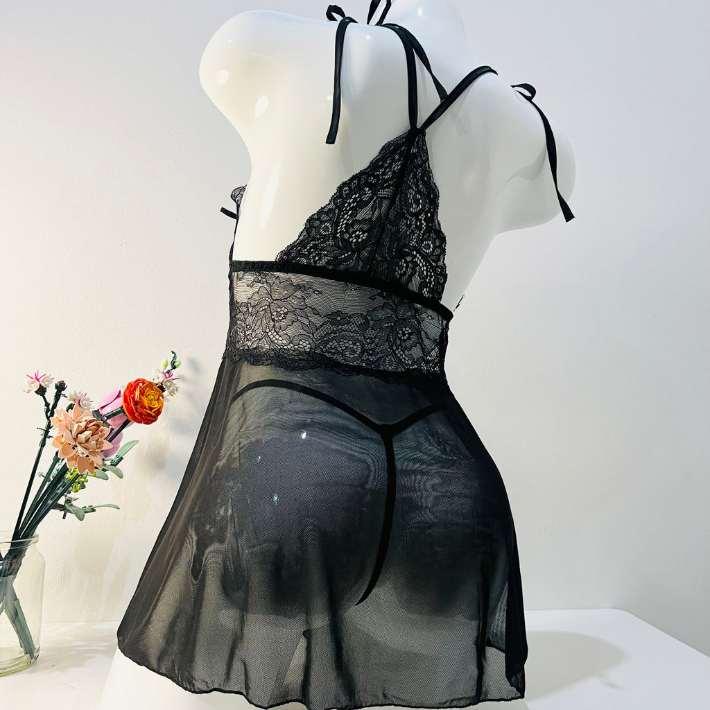 black lace sleep dress back view showing thong style and smooth back design