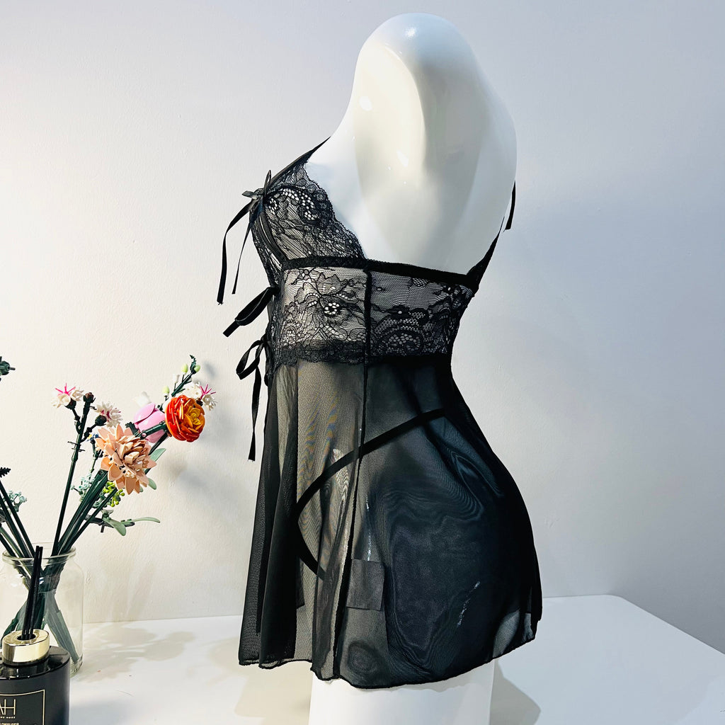 side view of black lace sleep dress highlighting body fit and soft silhouette