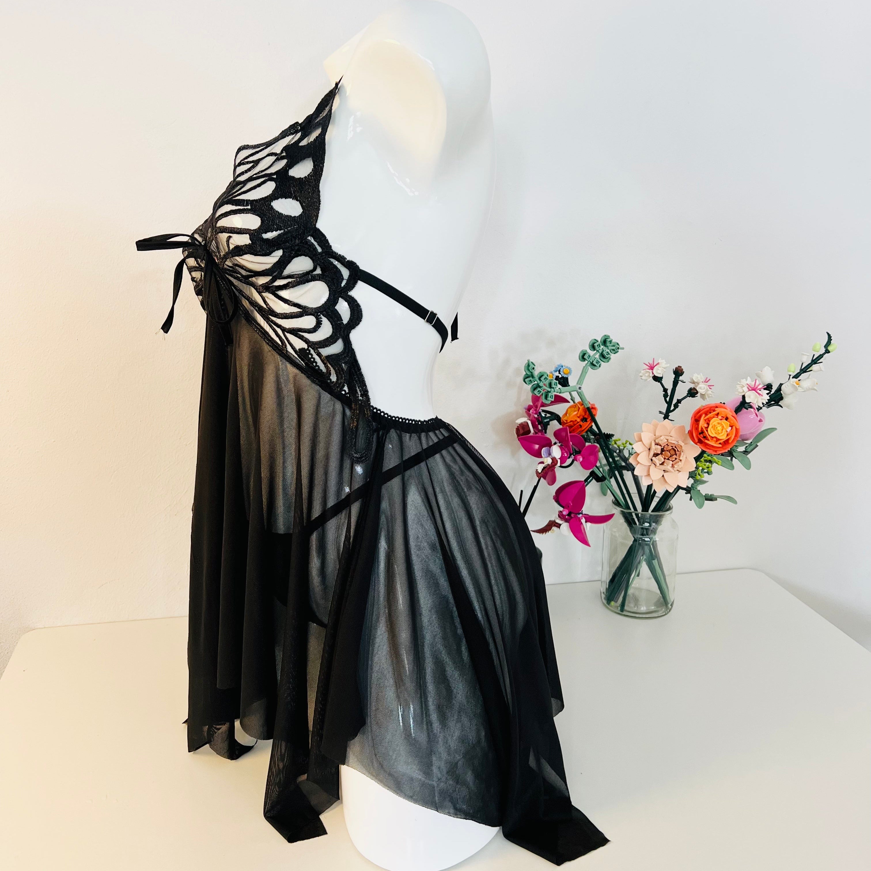 side view of black lace sleep dress showing clean lines and flattering fit