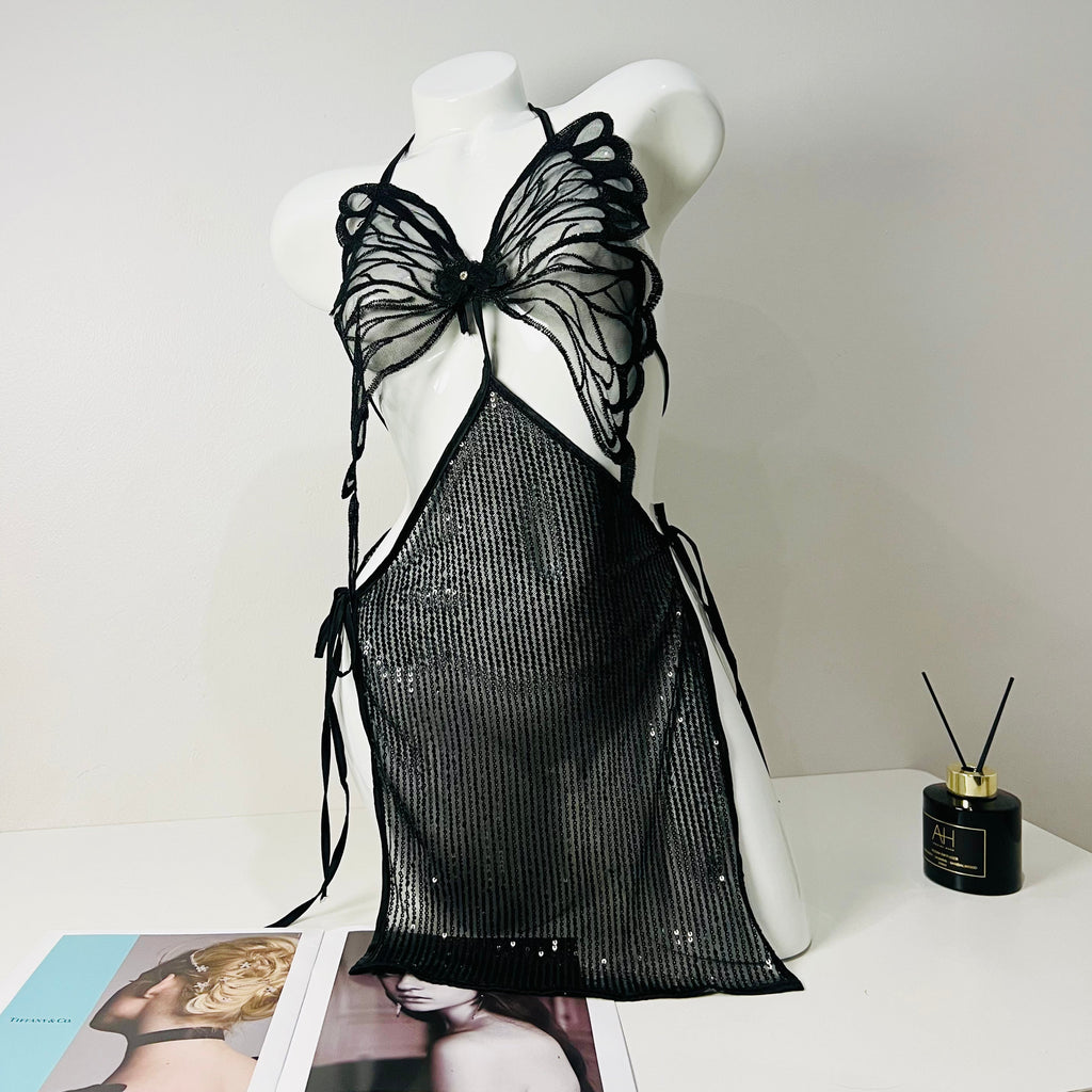 black lace strappy sleep dress front view model wearing nightgown lingerie