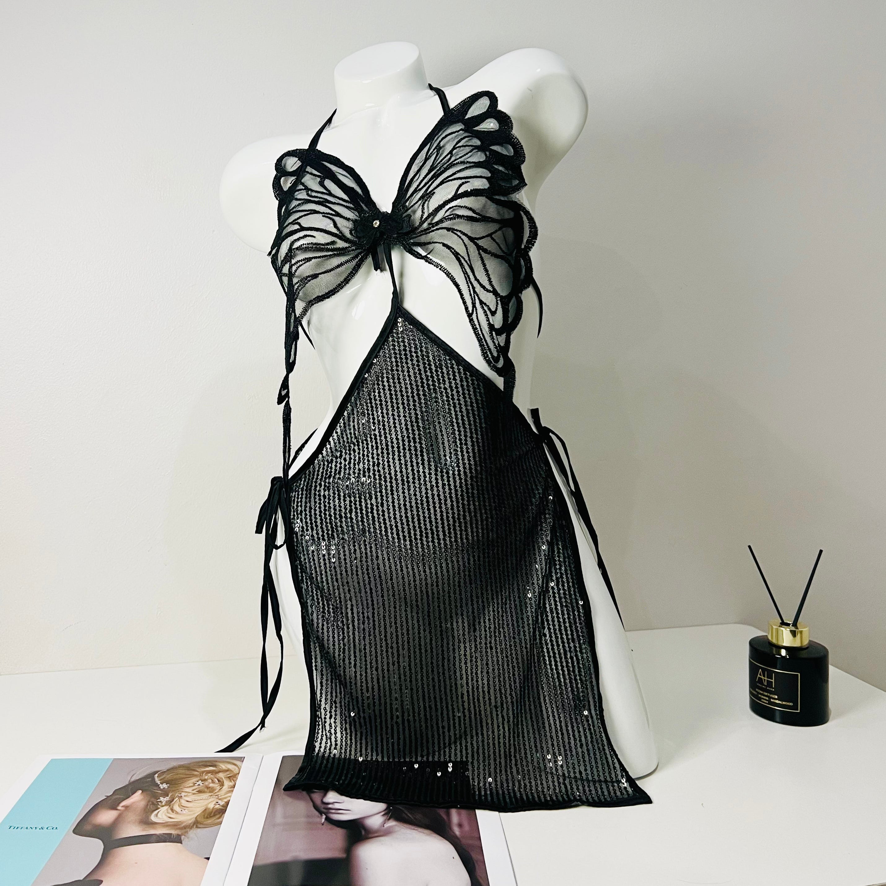 black lace strappy sleep dress front view model wearing nightgown lingerie