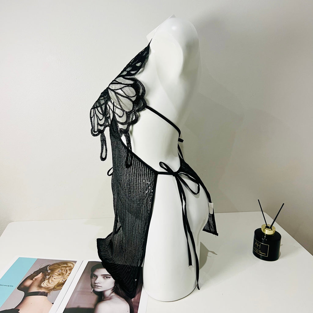 black lace strappy sleep dress side view model wearing lingerie nightgown