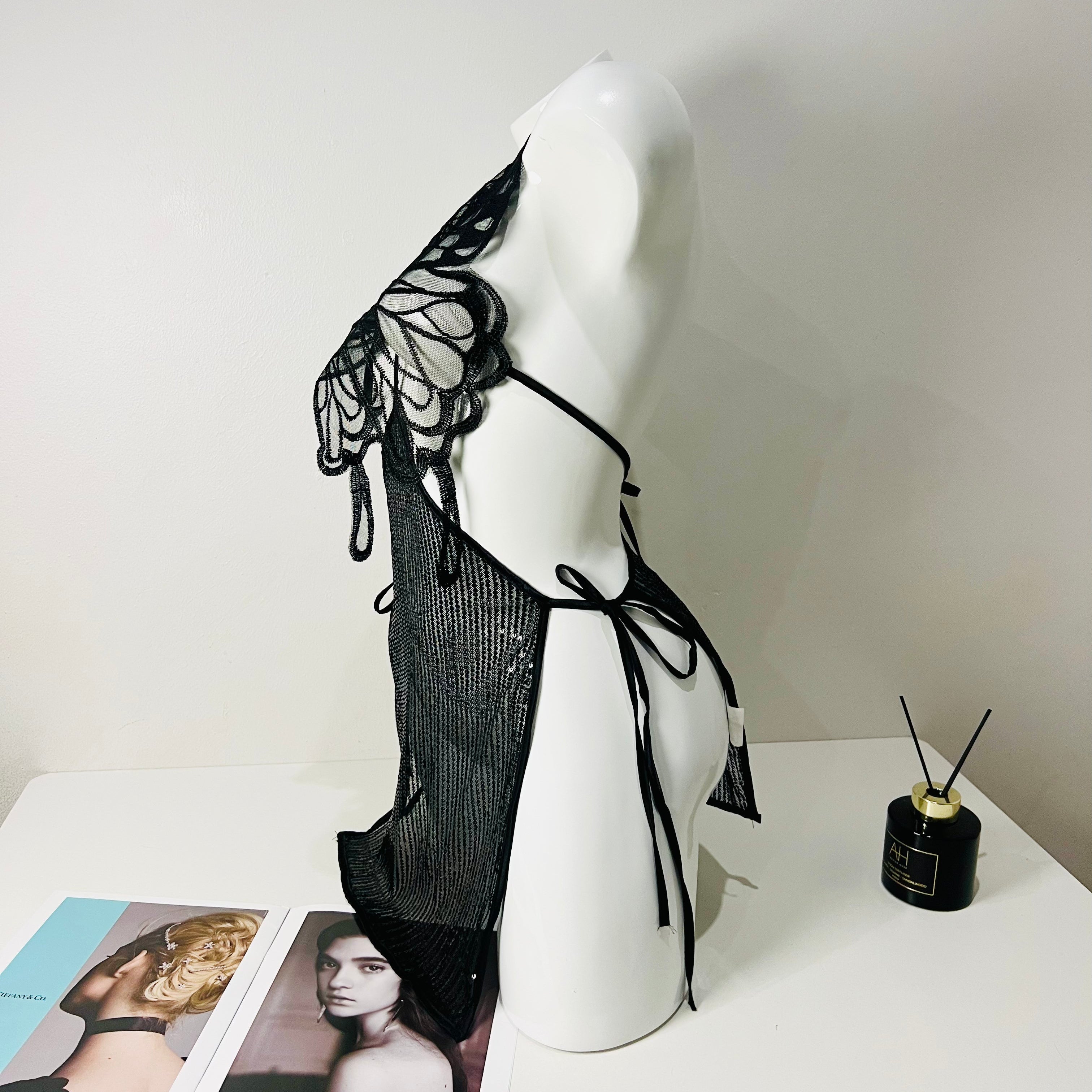 black lace strappy sleep dress side view model wearing lingerie nightgown