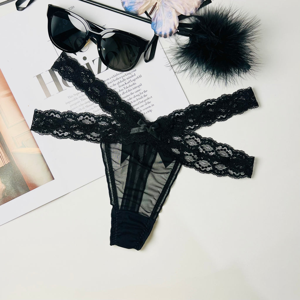 black lace thong lingerie flat lay back view underwear