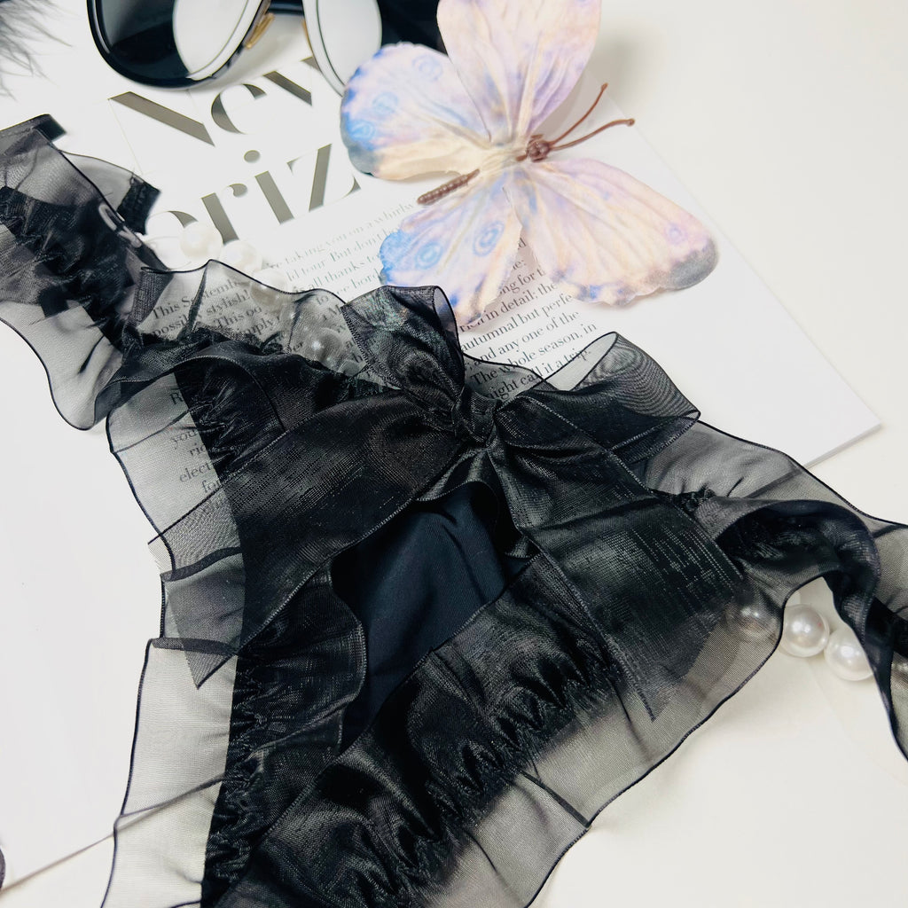 black pearl bow thong lingerie front bow detail close up design