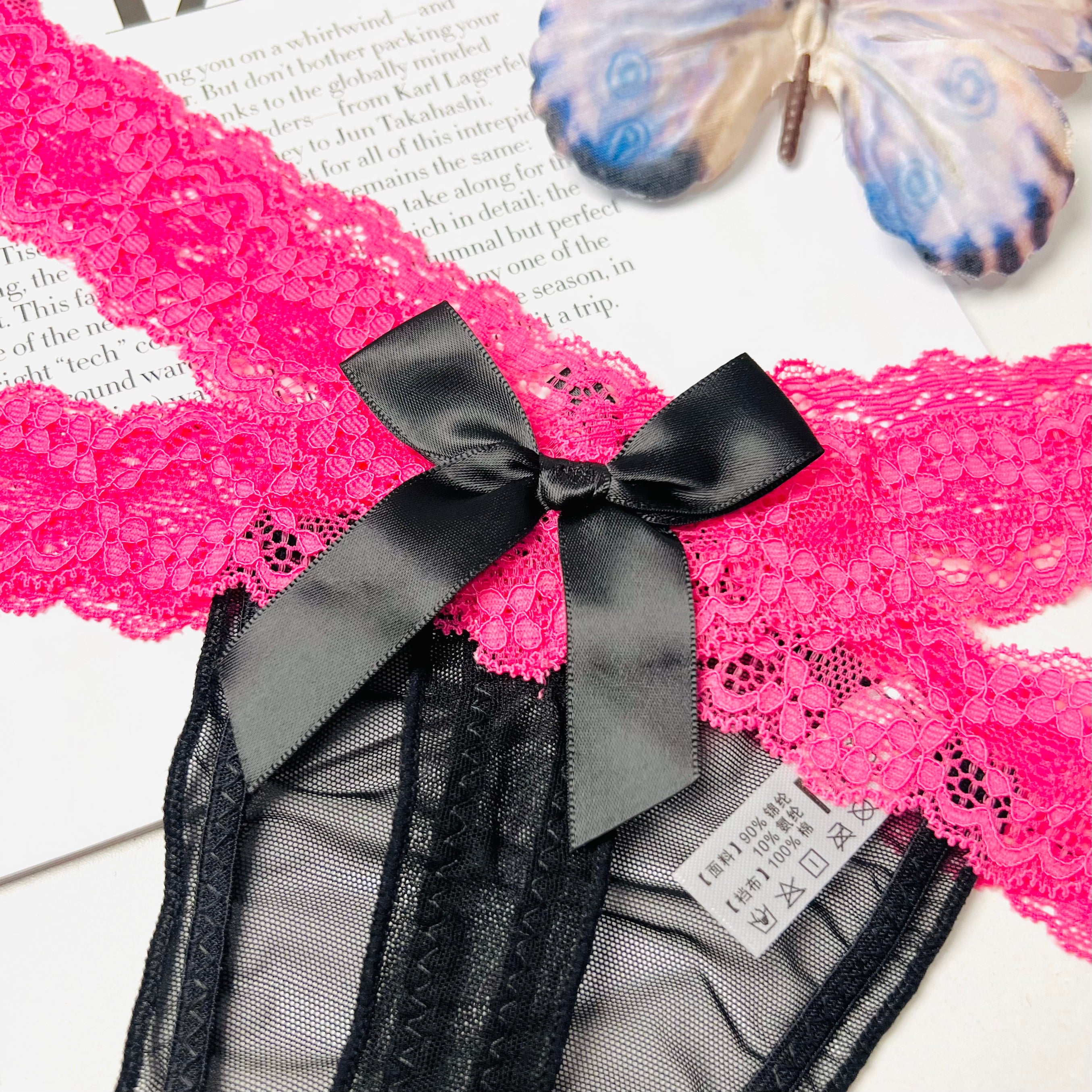 black rose lace thong lingerie bow detail close up design