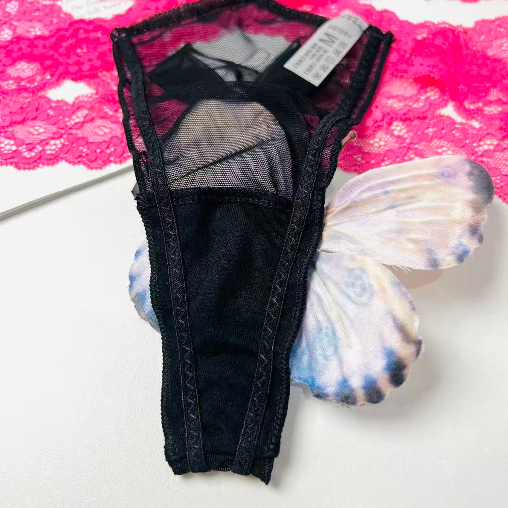 black rose lace thong lingerie crotch fabric close up stitching detail