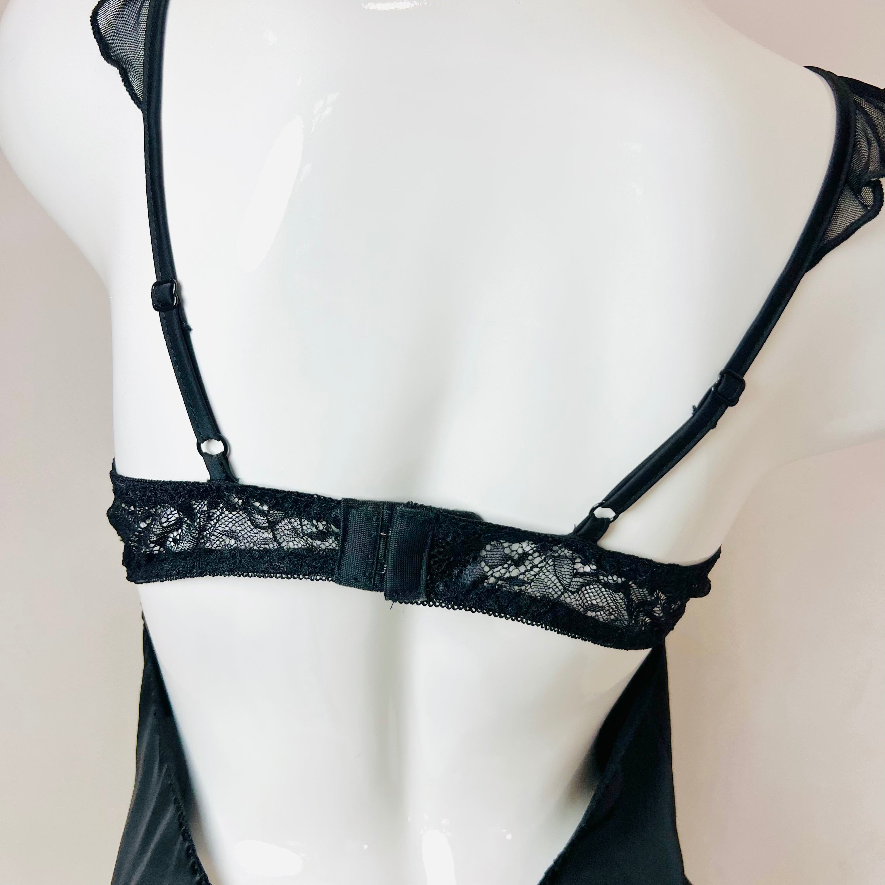 black velvet nightgown back design detail close up straps and lace finish
