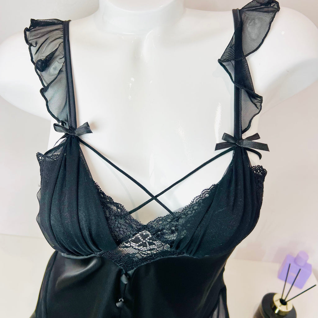 black velvet nightgown bust detail close up bow lace embroidery texture