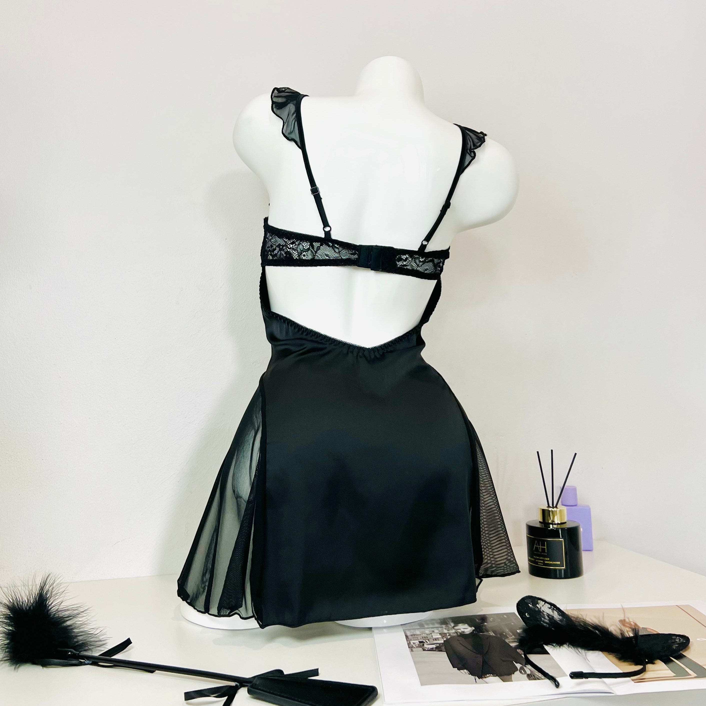 black velvet nightgown back view model wearing adjustable strap sleep dress