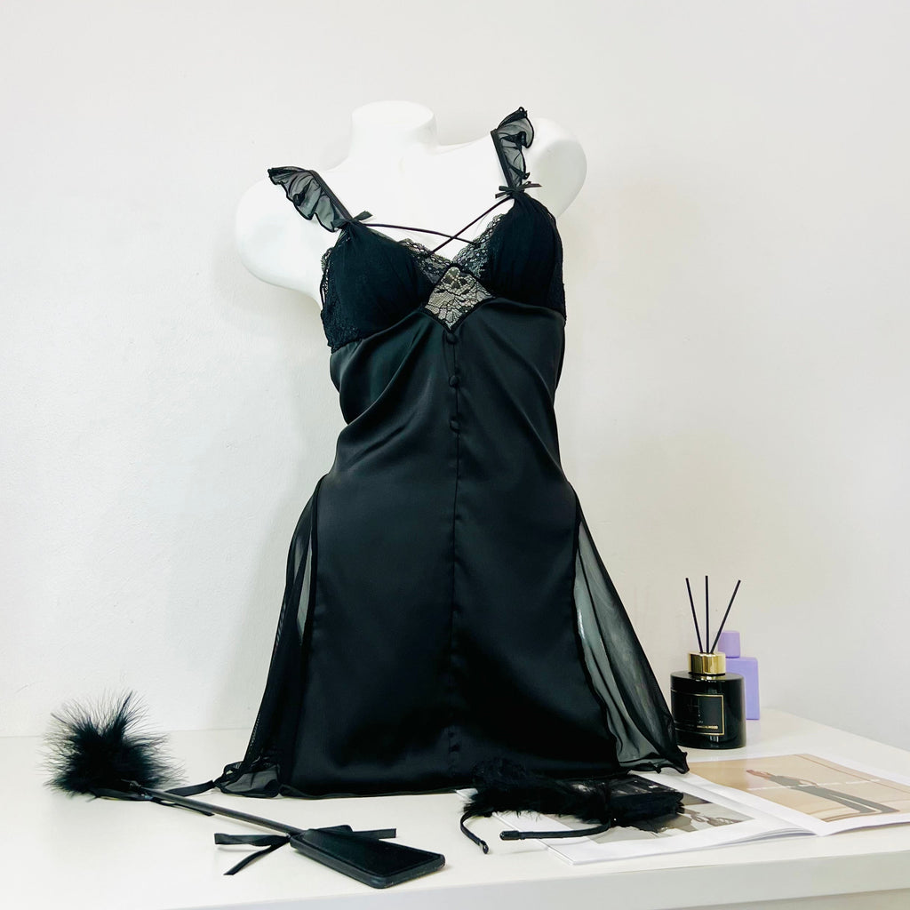 black velvet nightgown front view model wearing bow sleep dress