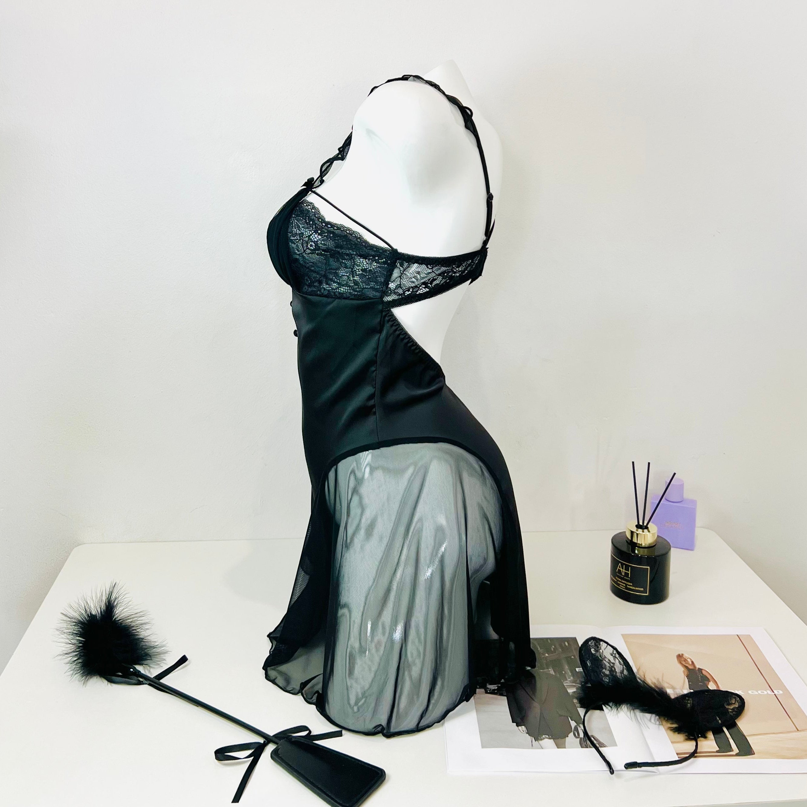 black velvet nightgown side view model wearing sleep dress lingerie