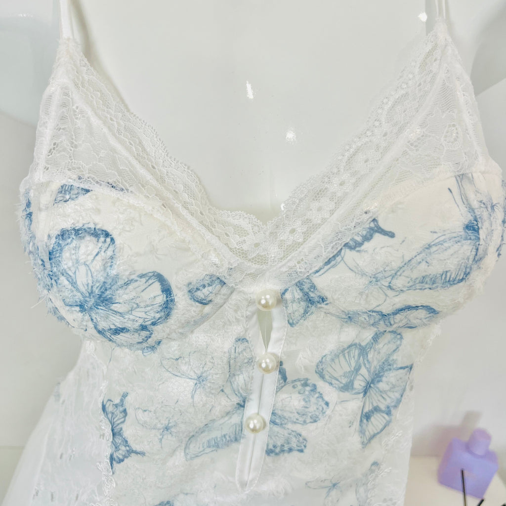blue lace sleep dress bust detail close up lace embroidery texture