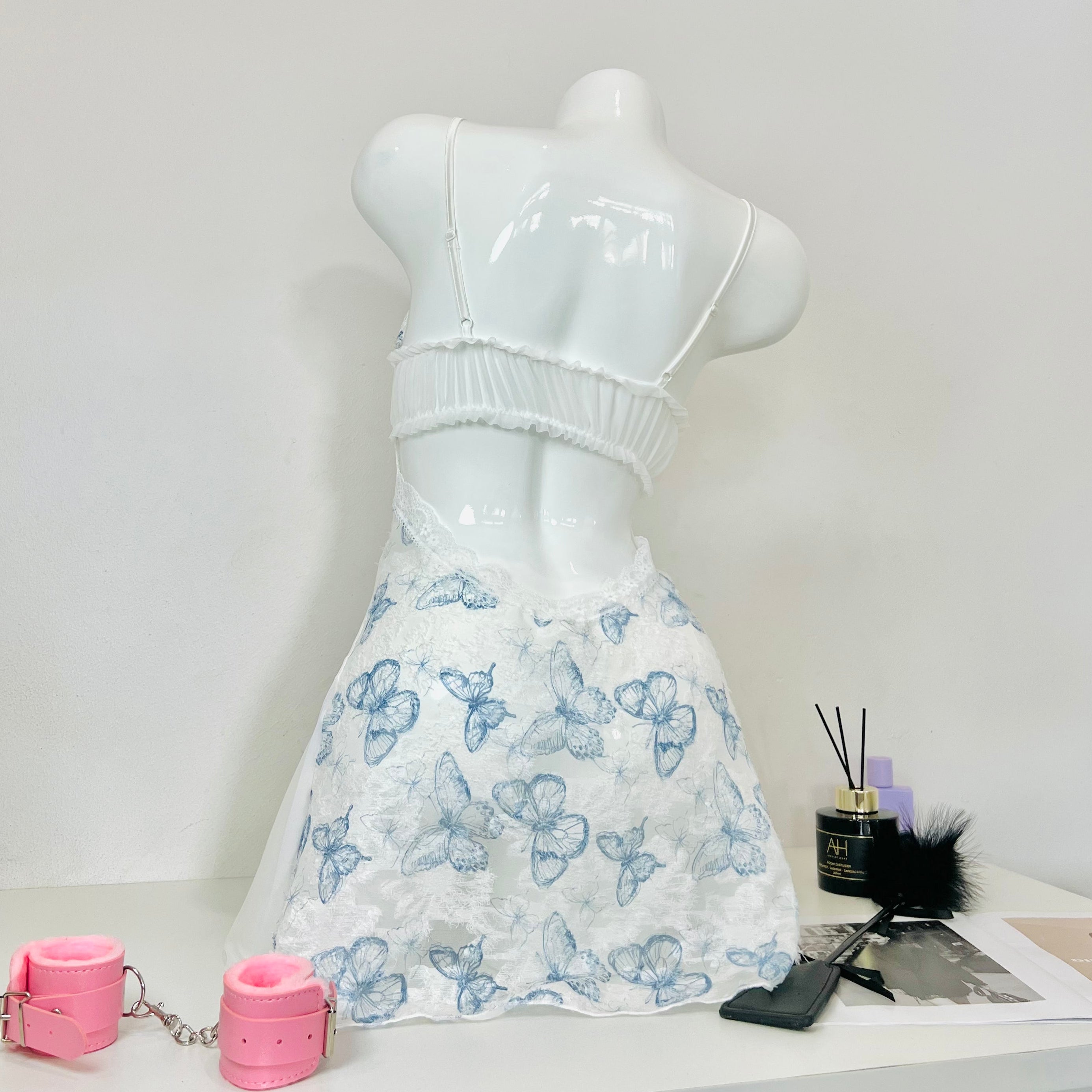 blue lace sleep dress back view model wearing adjustable strap nightgown