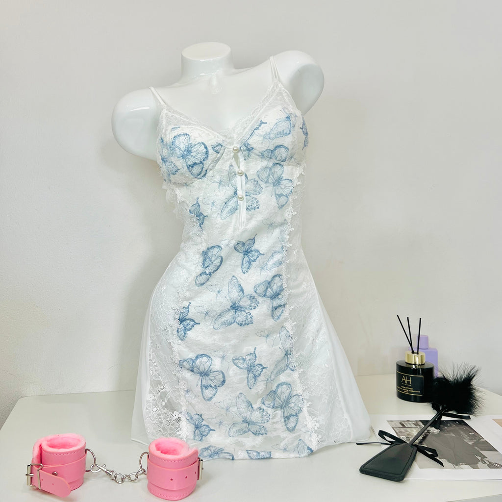 blue lace sleep dress front view model wearing bow nightgown
