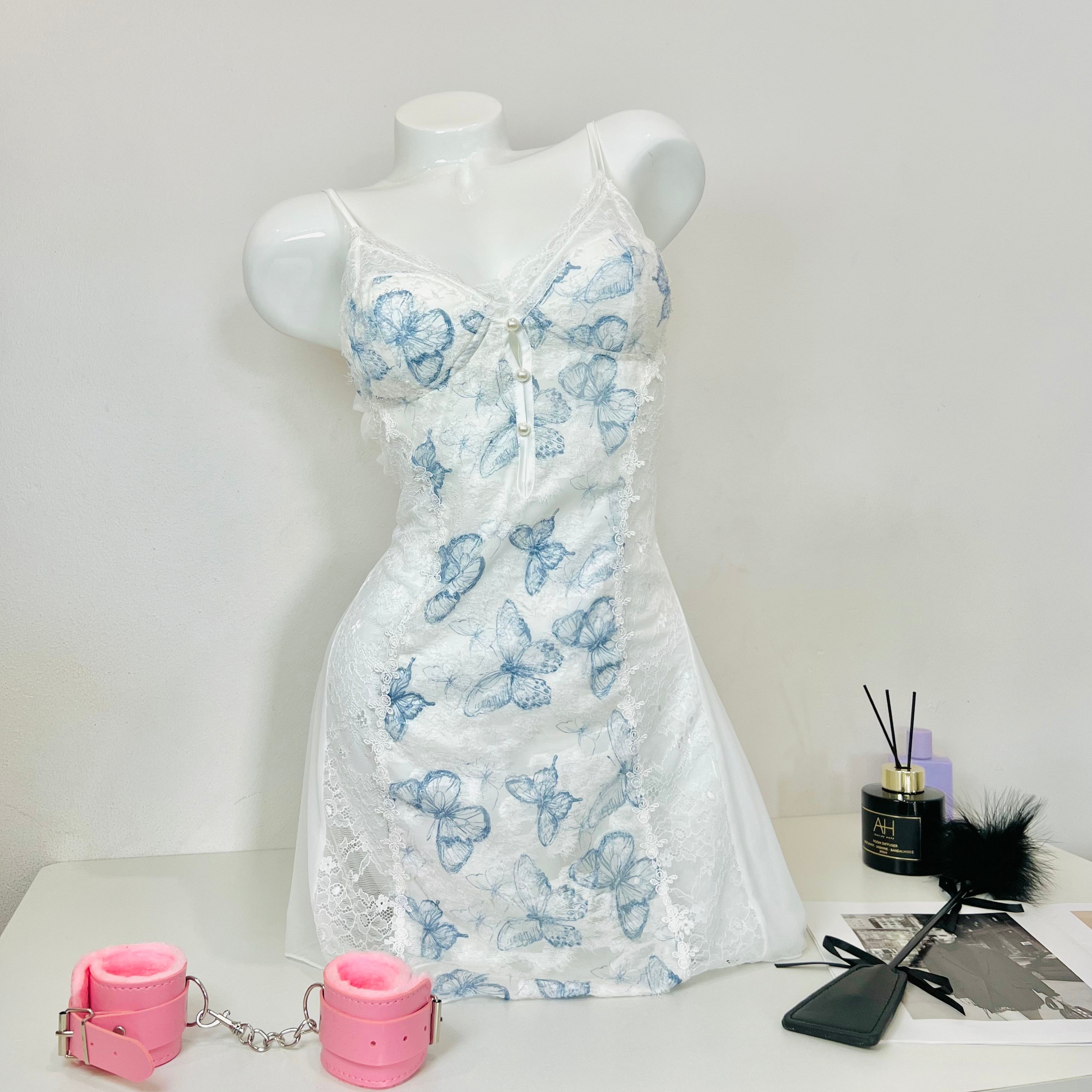 blue lace sleep dress front view model wearing bow nightgown