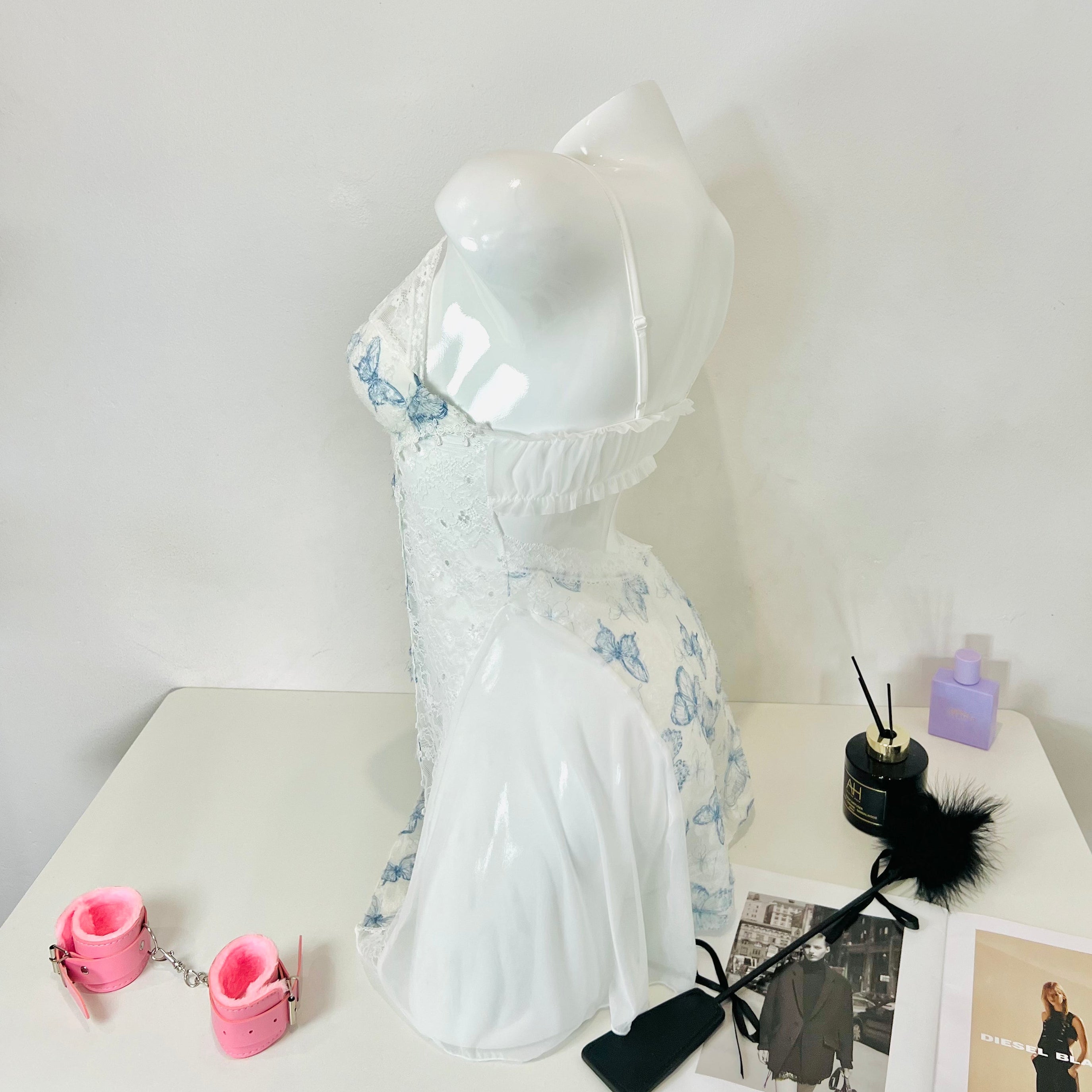 blue lace sleep dress side view model wearing nightgown lingerie