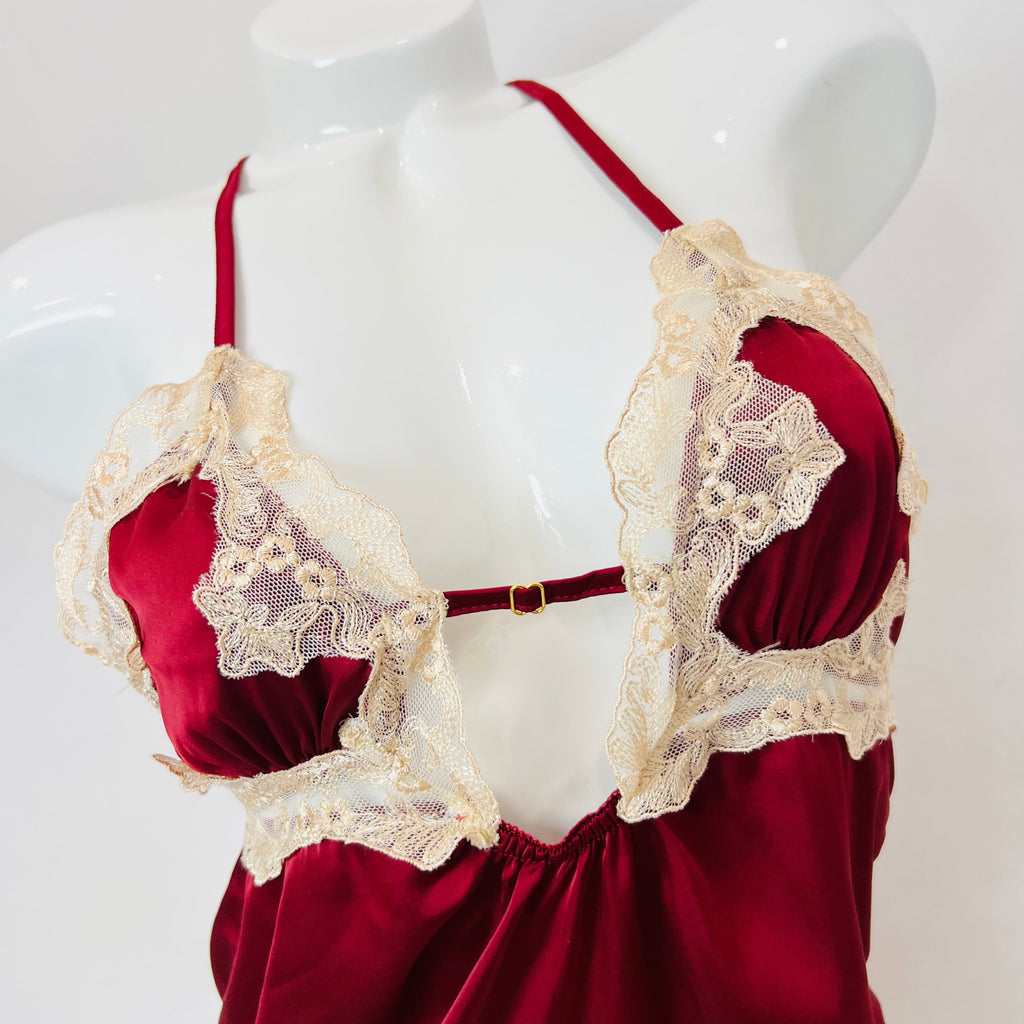 burgundy lace slip dress bust detail close up lace embroidery texture