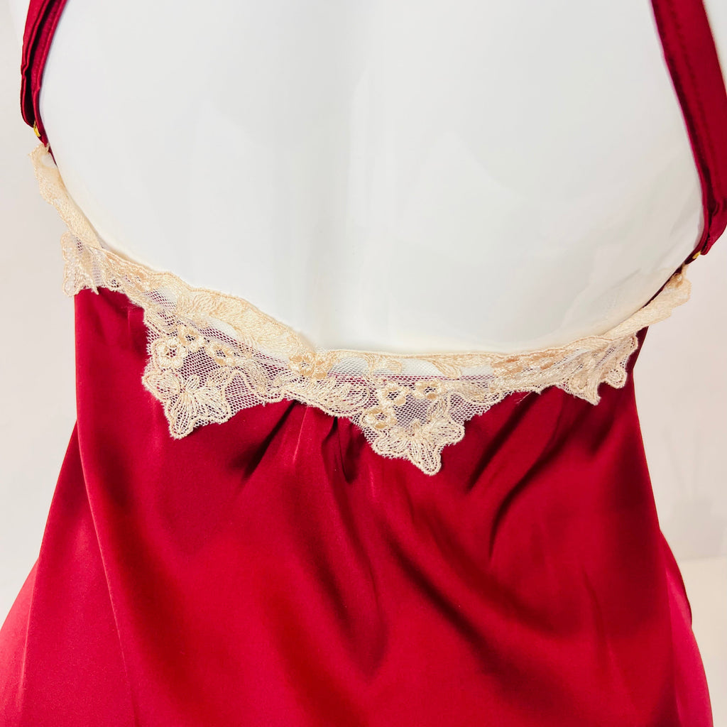 burgundy lace slip dress embroidery back detail close up texture