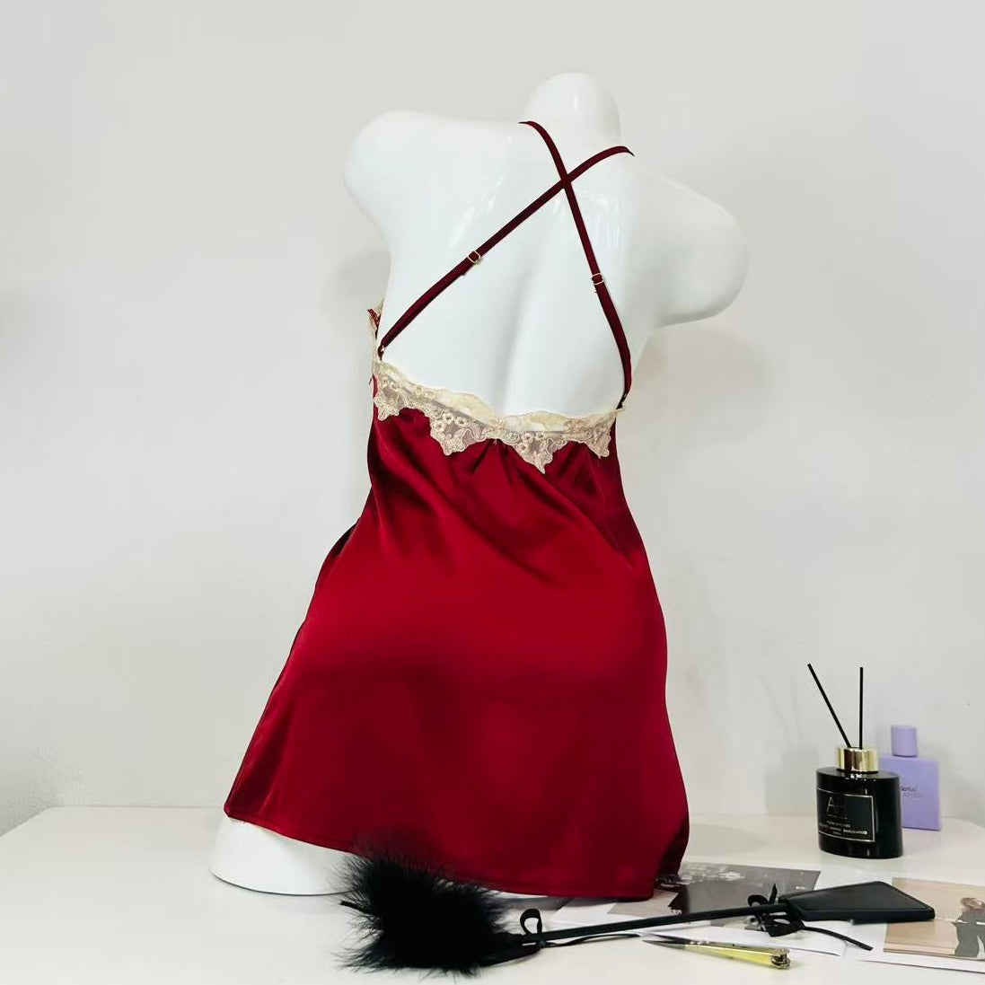 burgundy lace slip dress set back view model wearing adjustable straps thong