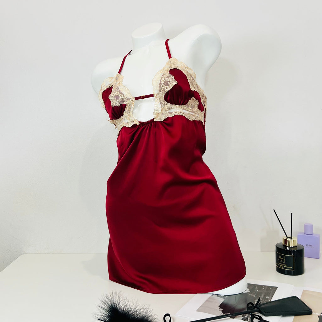 burgundy lace slip dress set front angle view model wearing set
