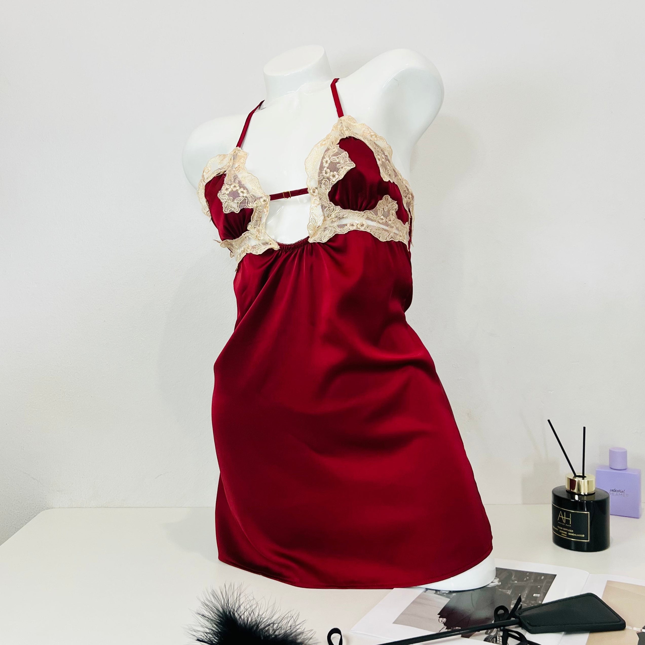 burgundy lace slip dress set front angle view model wearing set