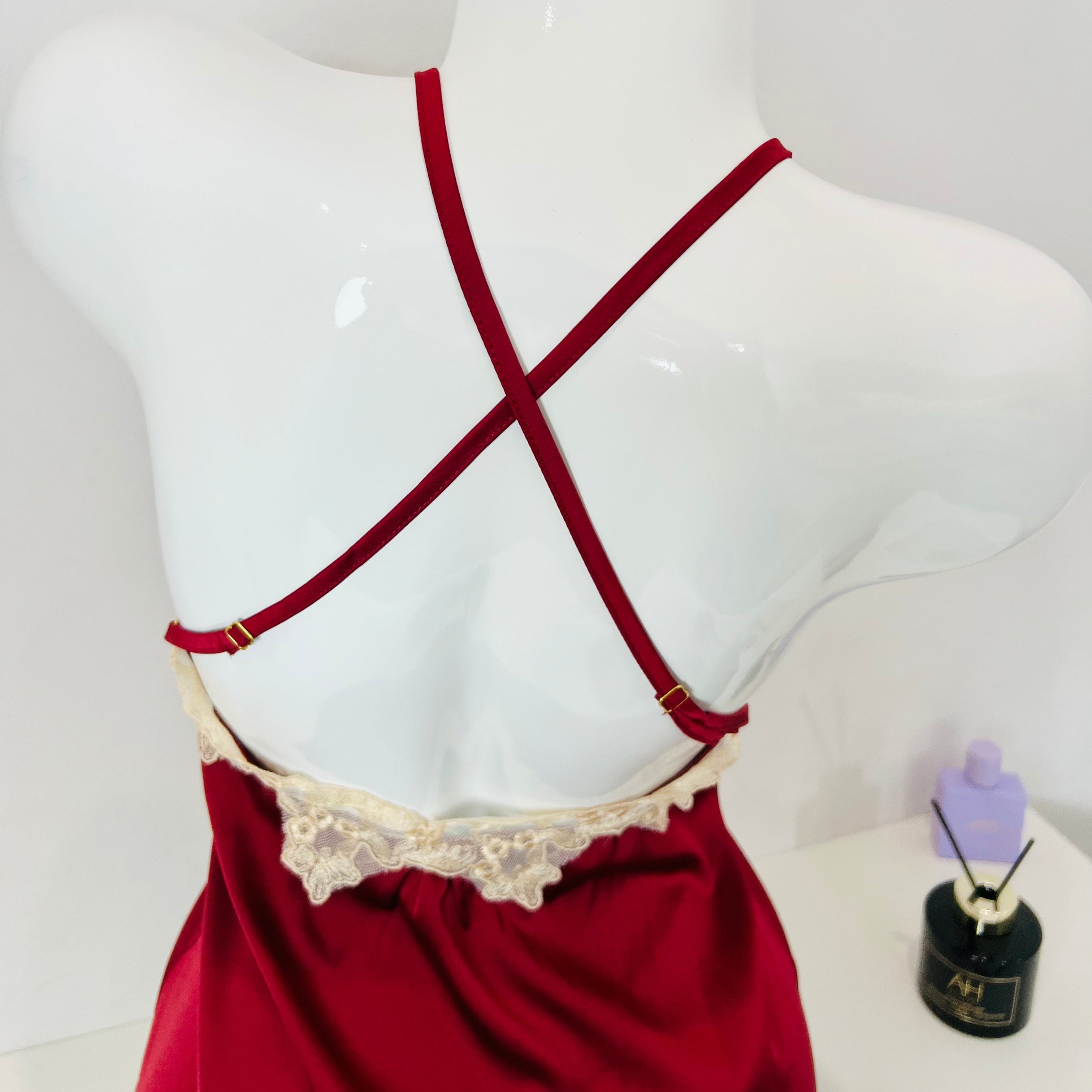 burgundy lace slip dress shoulder strap detail close up adjustable design