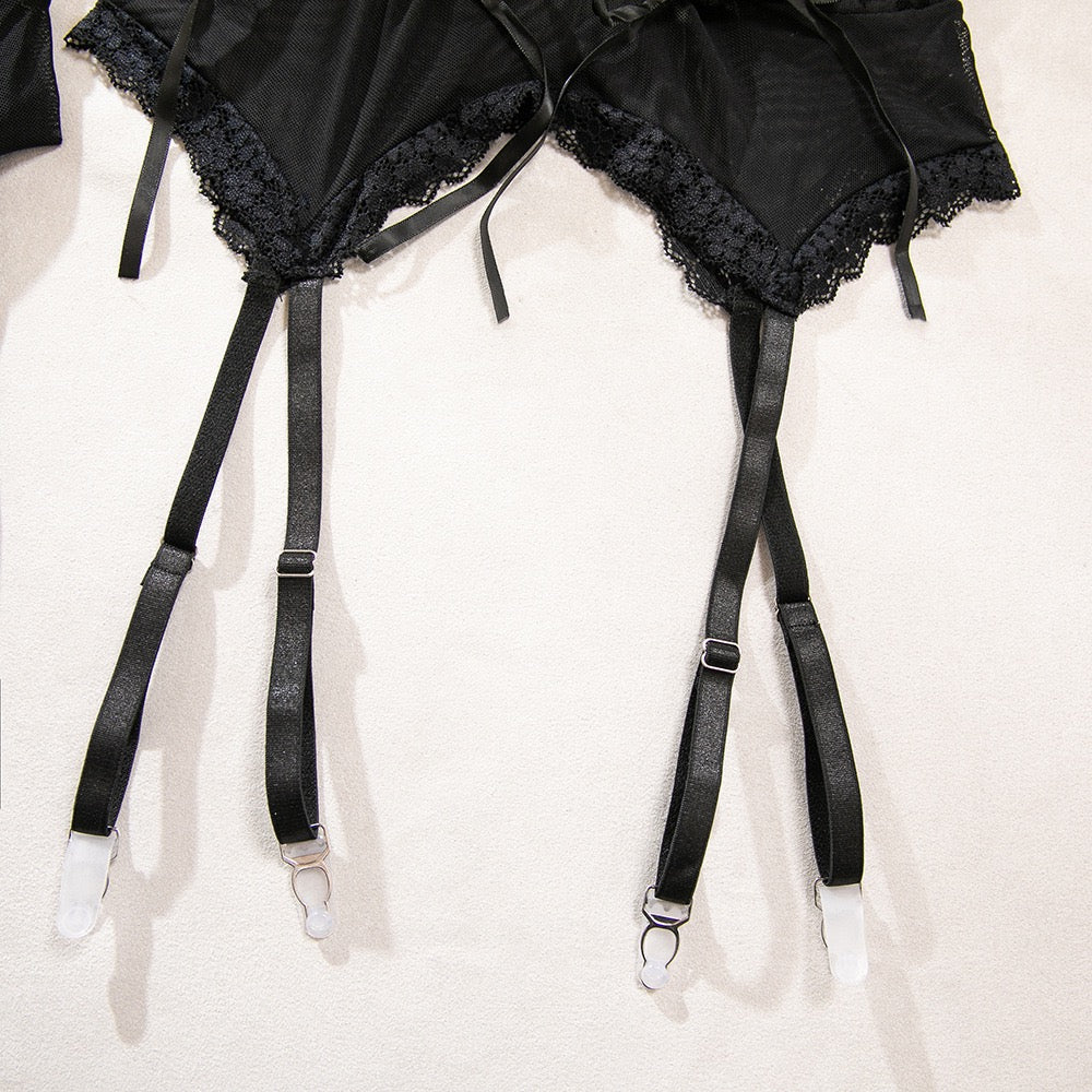 lace lingerie garter belt strap connection detail thigh high stockings