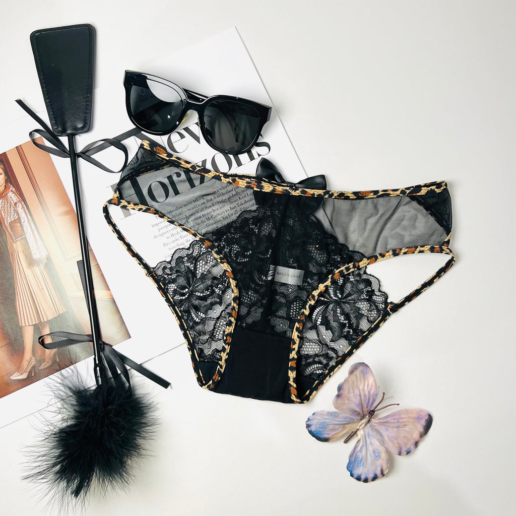 leopard lace thong lingerie flat lay back view underwear