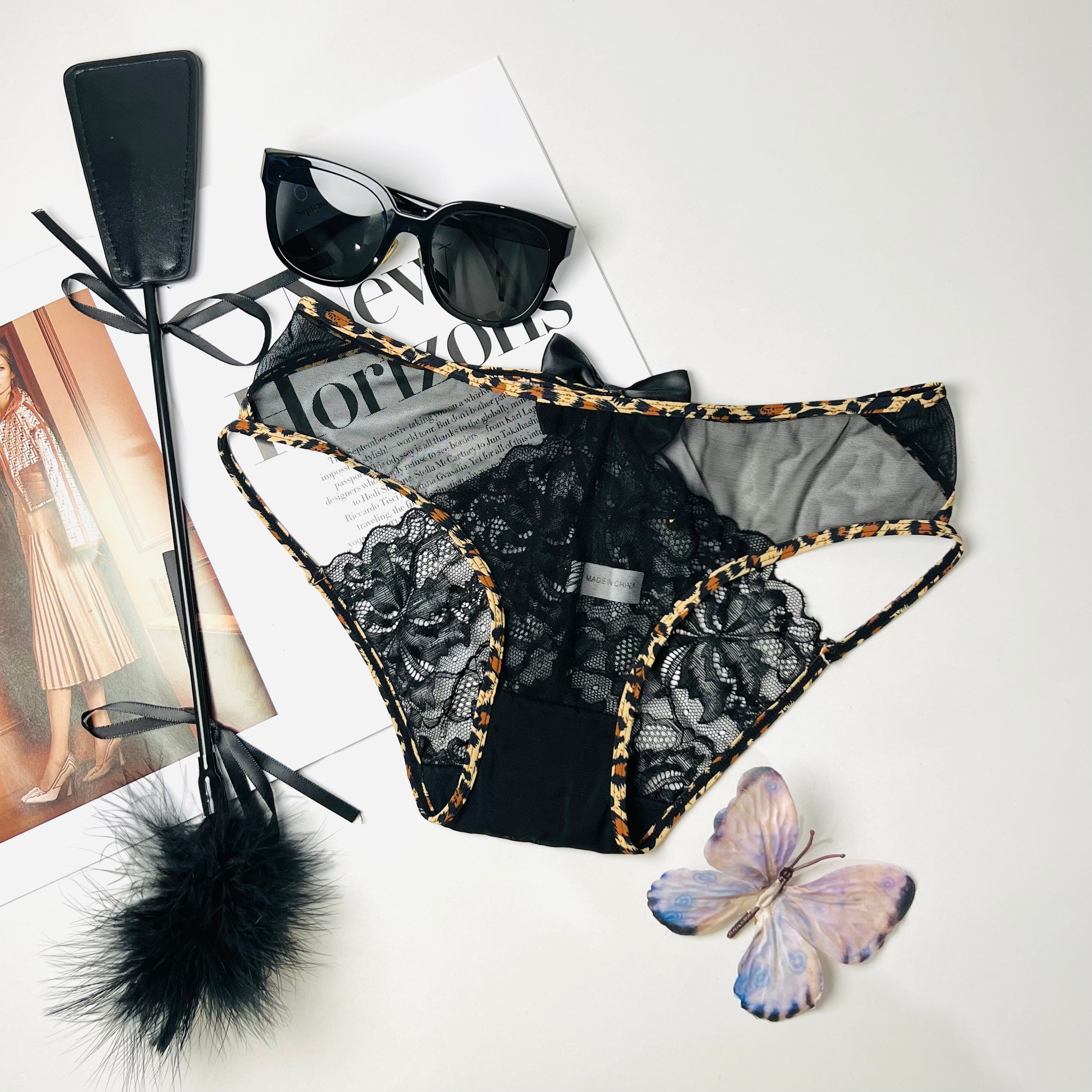 leopard lace thong lingerie flat lay back view underwear