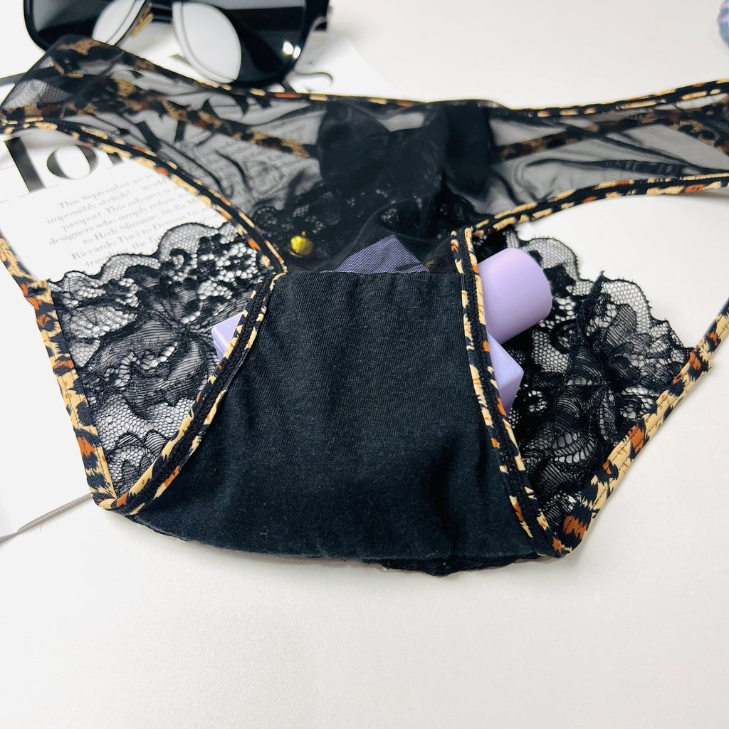leopard lace thong lingerie crotch fabric close up stitching detail