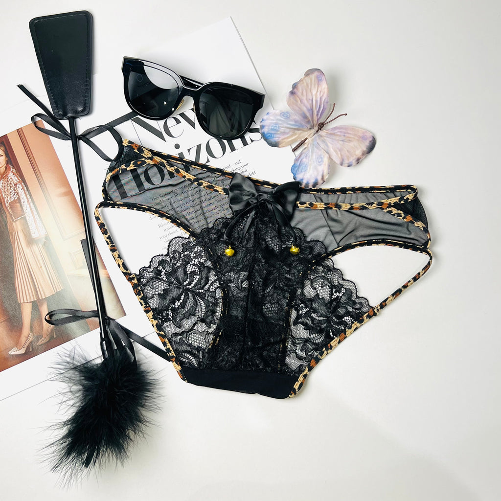 leopard lace thong lingerie flat lay front view underwear