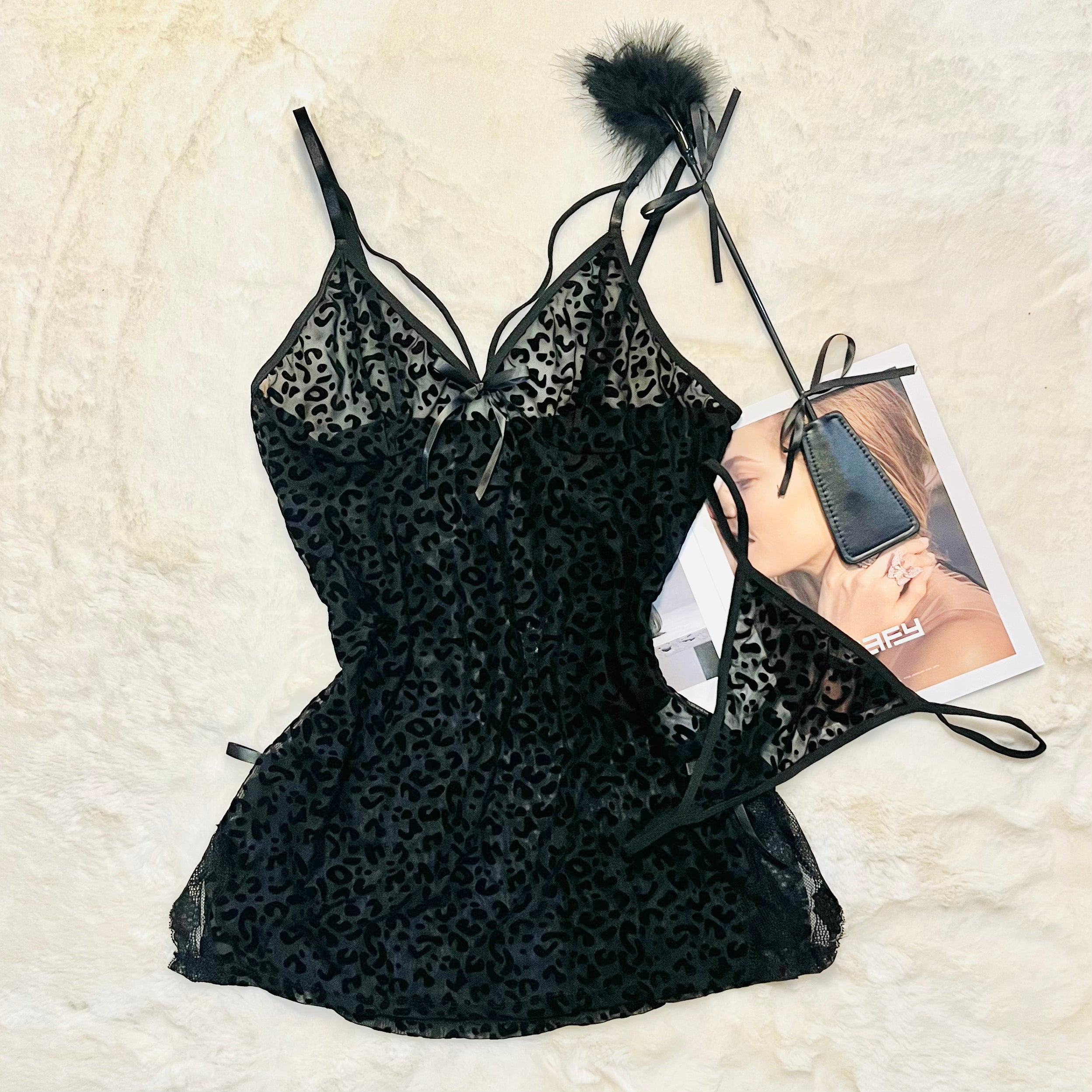 leopard mesh lingerie set flat lay front view detail variation