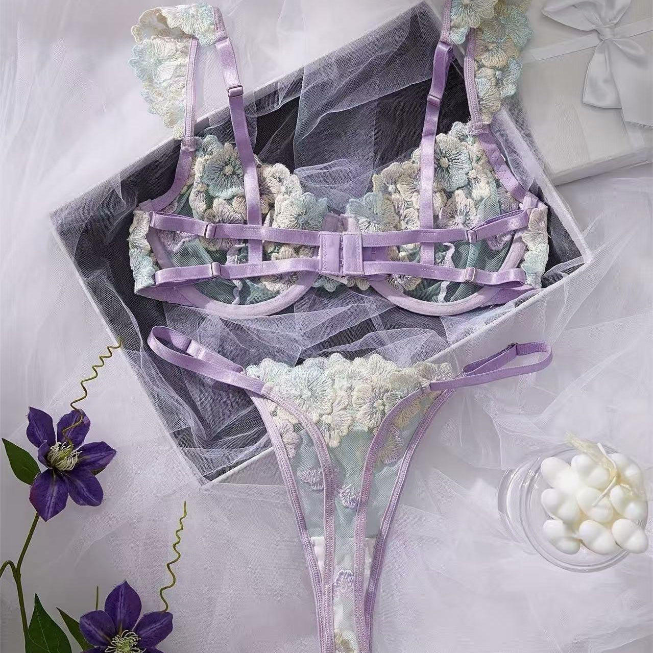 soft pastel lace lingerie set back view adjustable straps thong detail