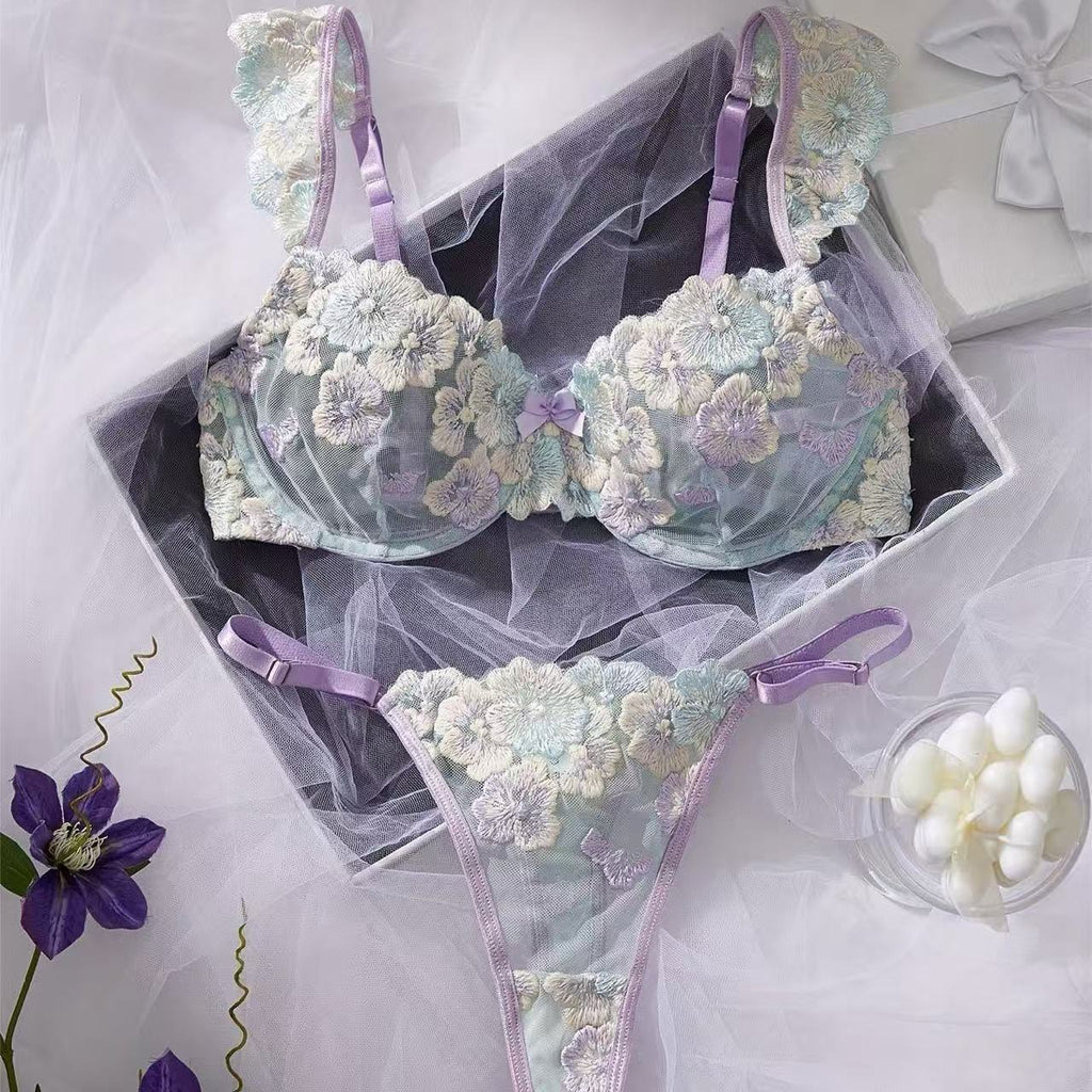 soft pastel lace lingerie set front view bra clasp closed fitted design