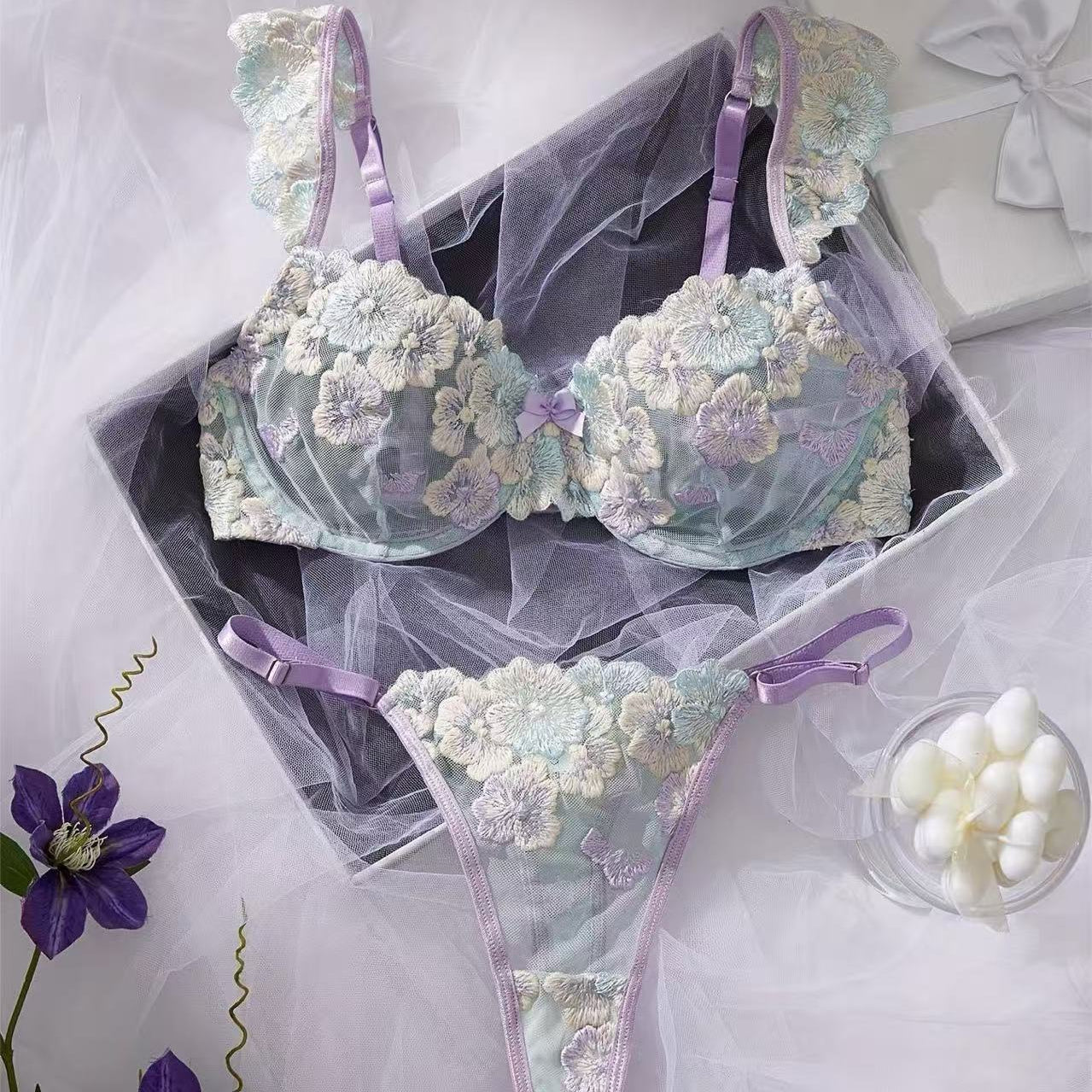 soft pastel lace lingerie set front view bra clasp closed fitted design
