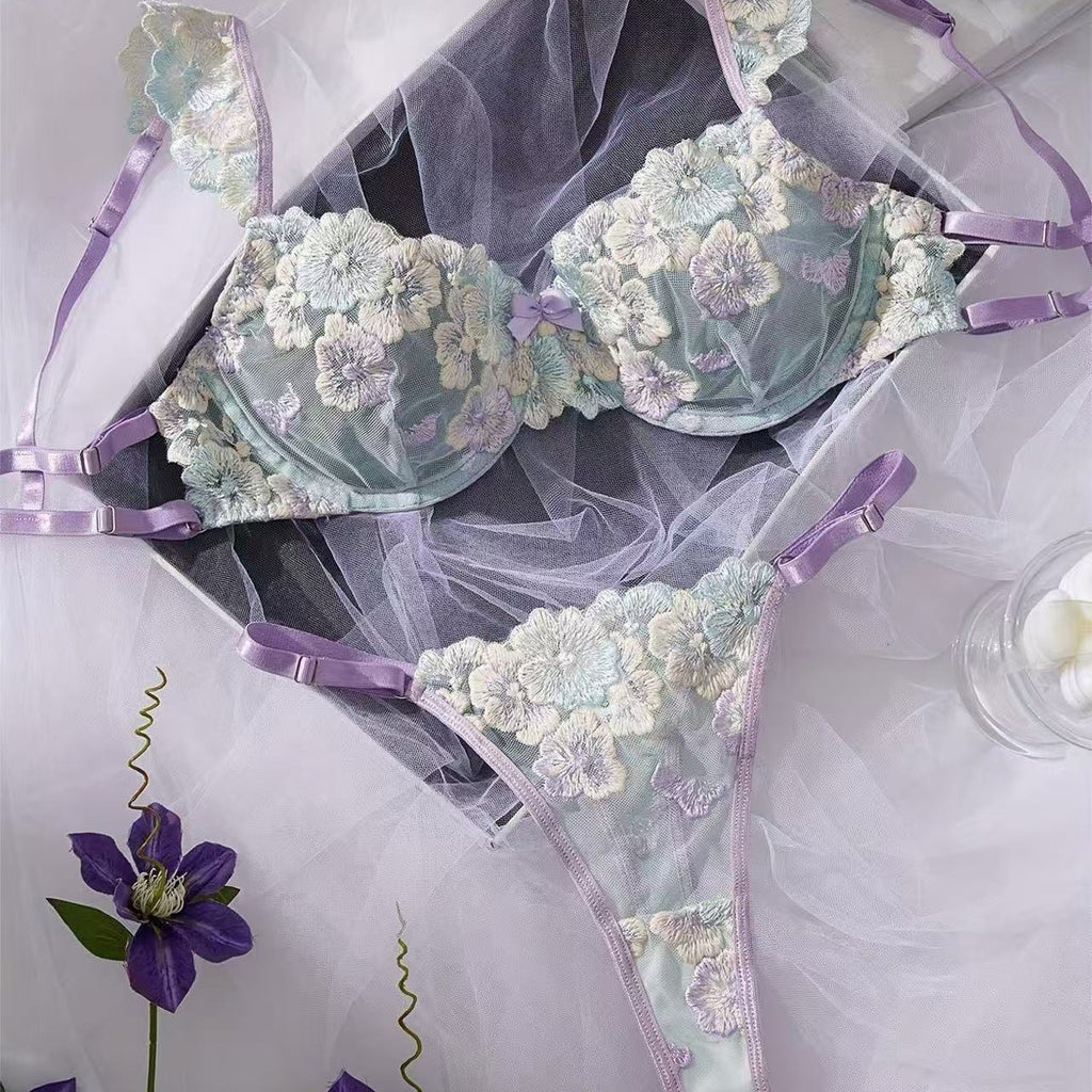 soft pastel lace lingerie set front view open clasp bra detail