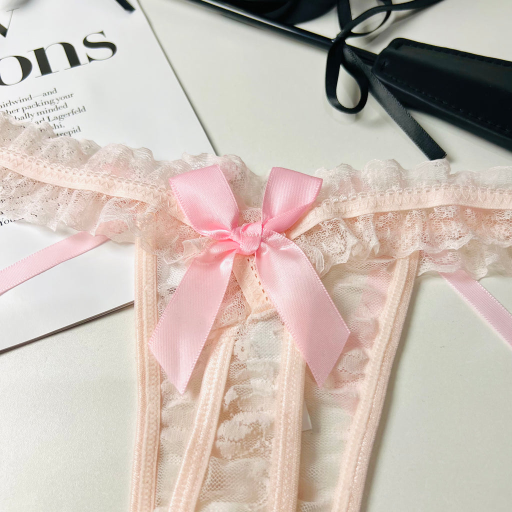 pink lace bow thong lingerie back bow detail close up design