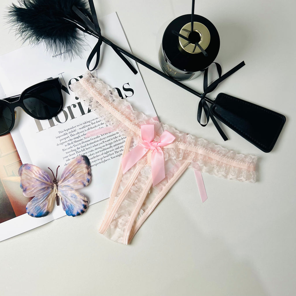 pink lace bow thong lingerie flat lay back view underwear