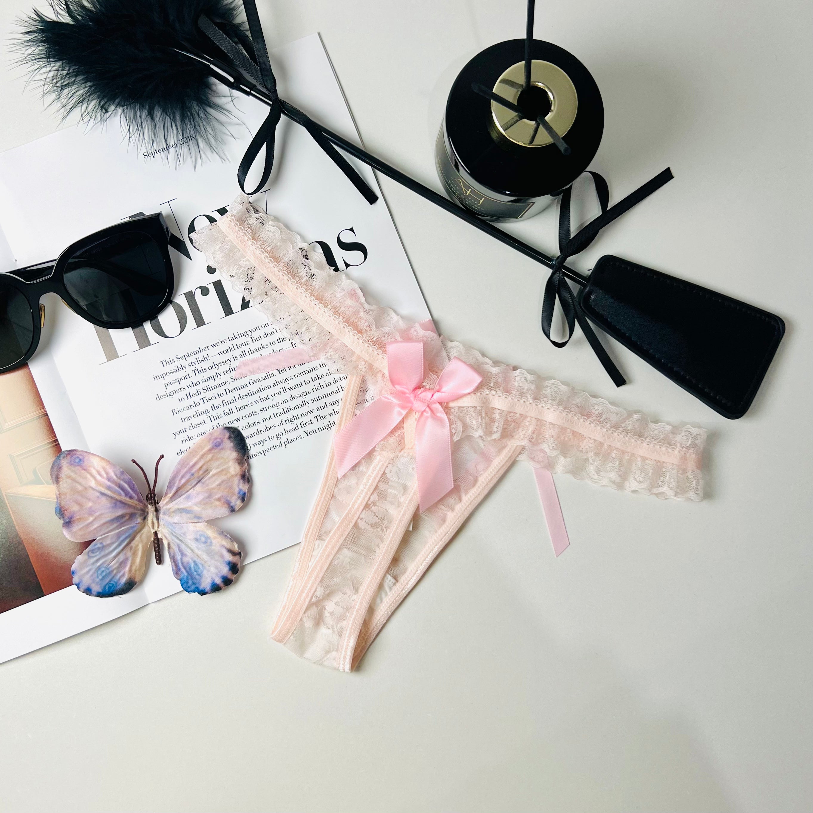 pink lace bow thong lingerie flat lay back view underwear