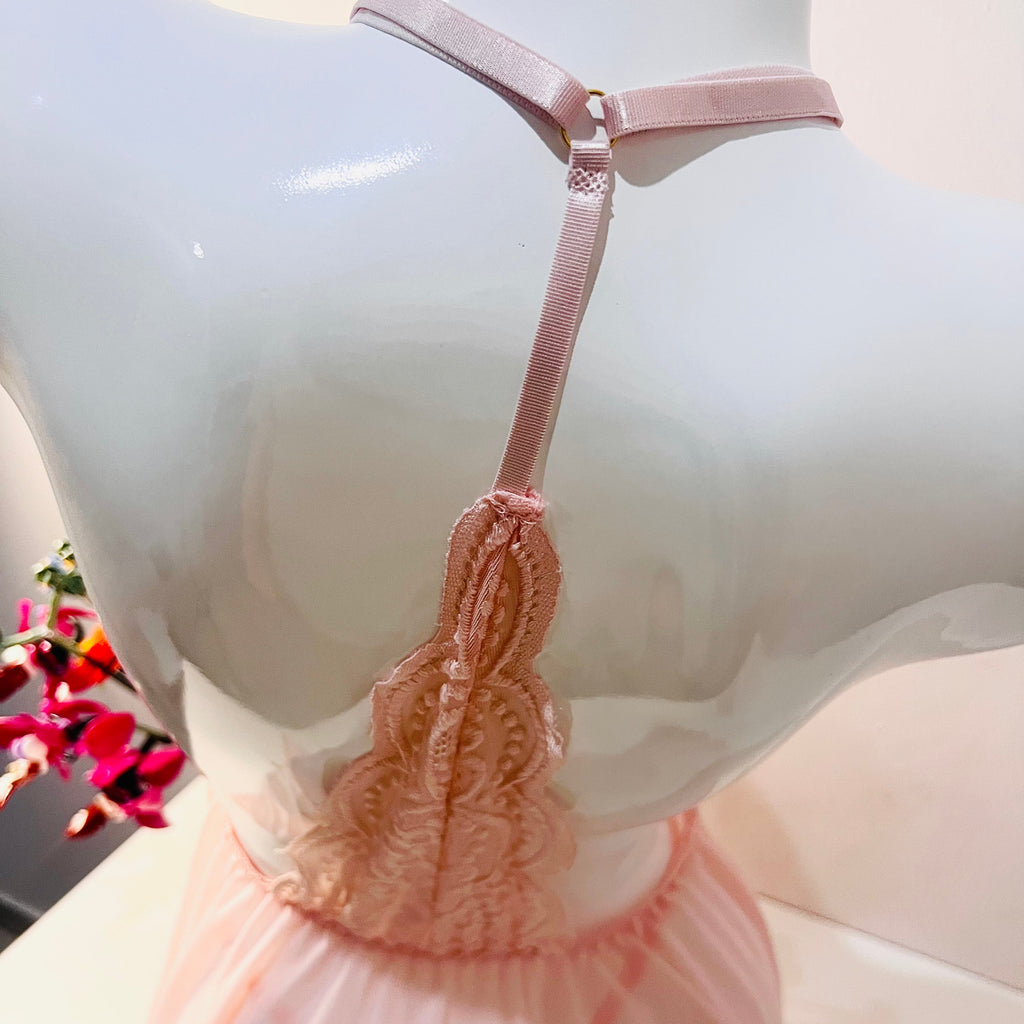 pink lace sleep dress back design detail close up straps lace finish