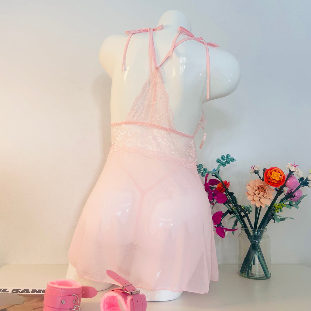 pink lace sleep dress back view with thong and adjustable straps design