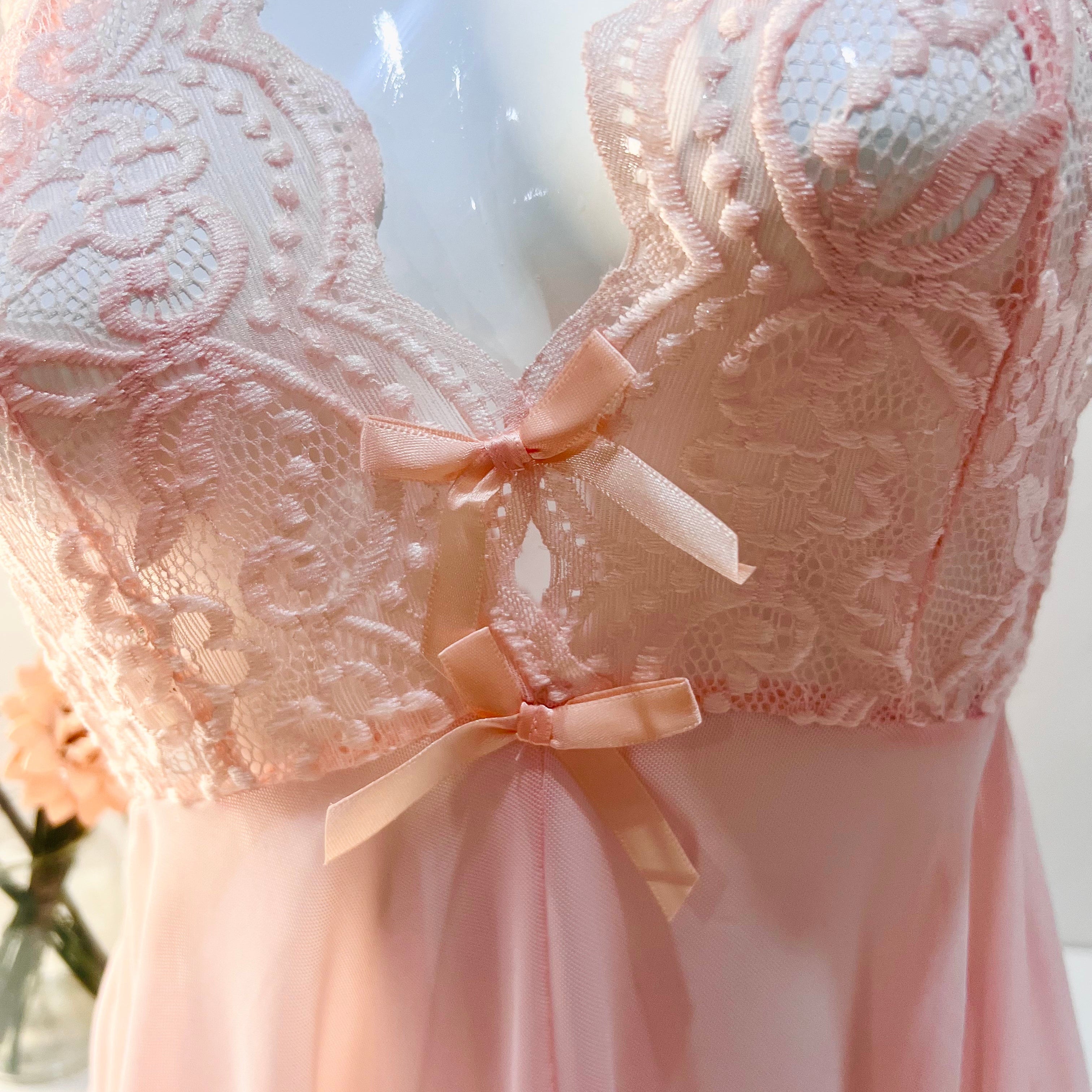 pink lace sleep dress front design detail close up lace embroidery